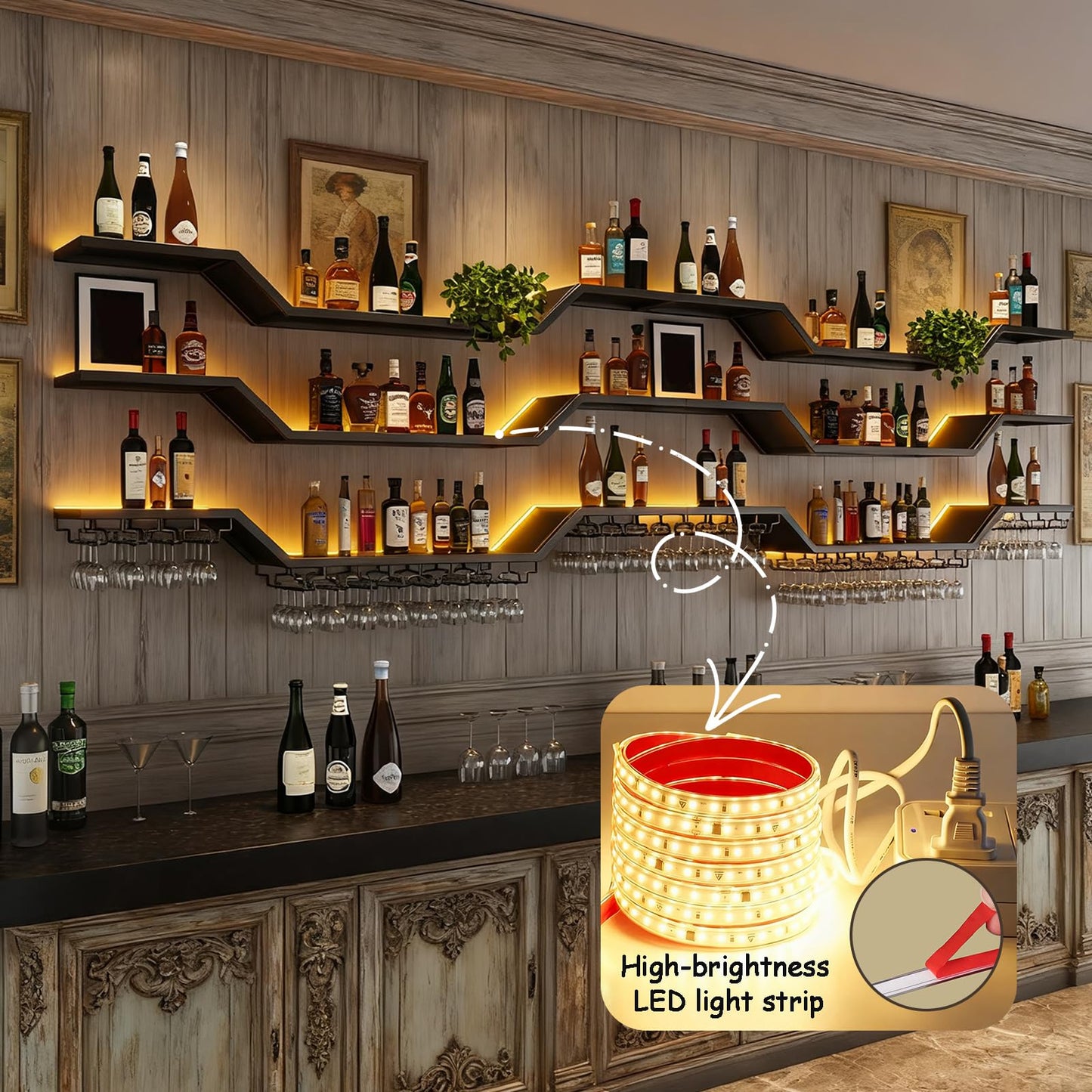 31.5in Modern LED Wine Rack Wall Mounted, 3-Tier Floating Bar Shelves with Wine Glass Rack, Large Hanging Liquor Shelf Wall Mounted, for Home Bar Dining Room Cafe Decorative (Black, 31.5in/80cm)