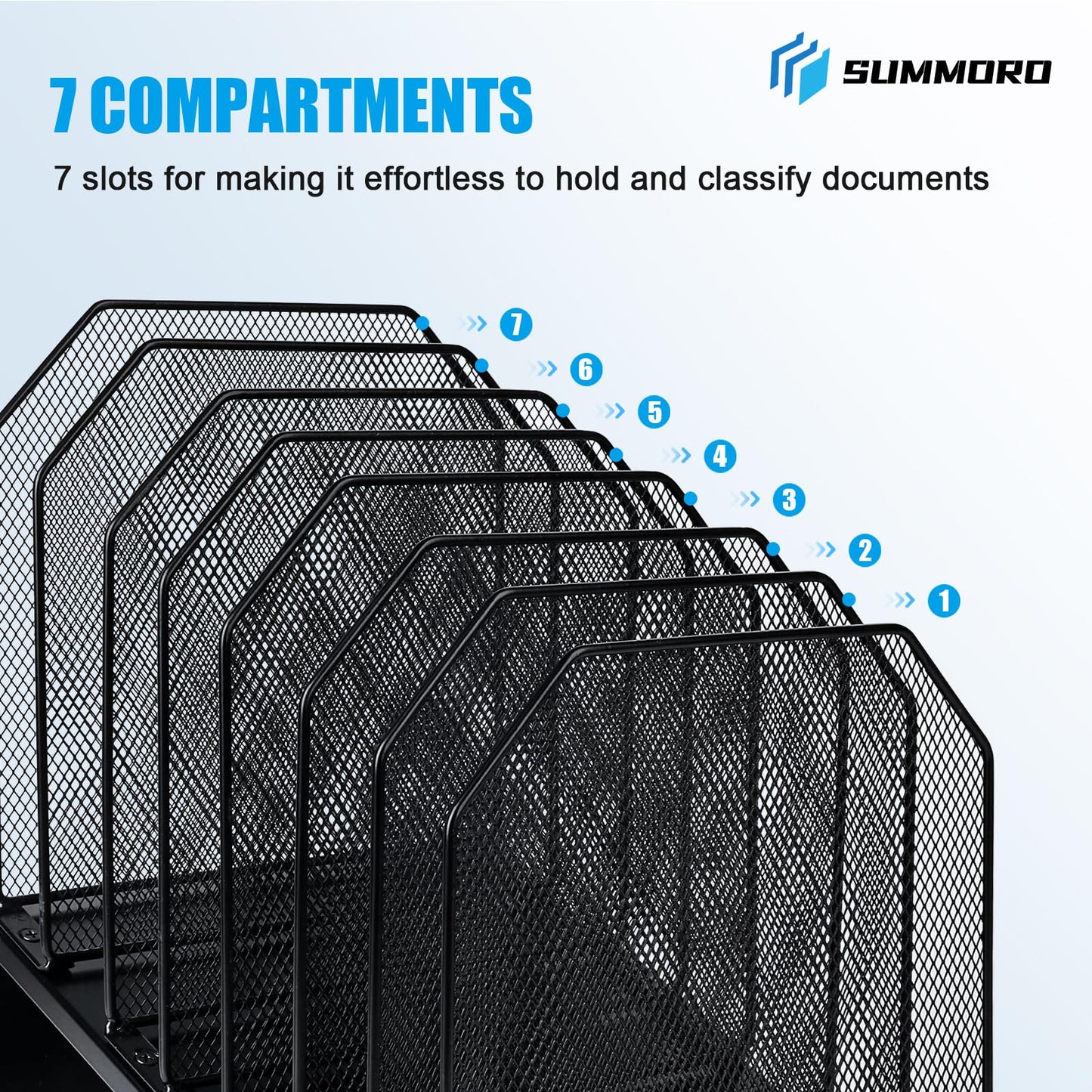 SUMMORO Inclined File Organizer for Desk, 7-Section Vertical File Folder Holder Office Desk Organizer Metal Rack File Wire Mesh Desktop Document Sorter for Office School Classroom Home (Black)