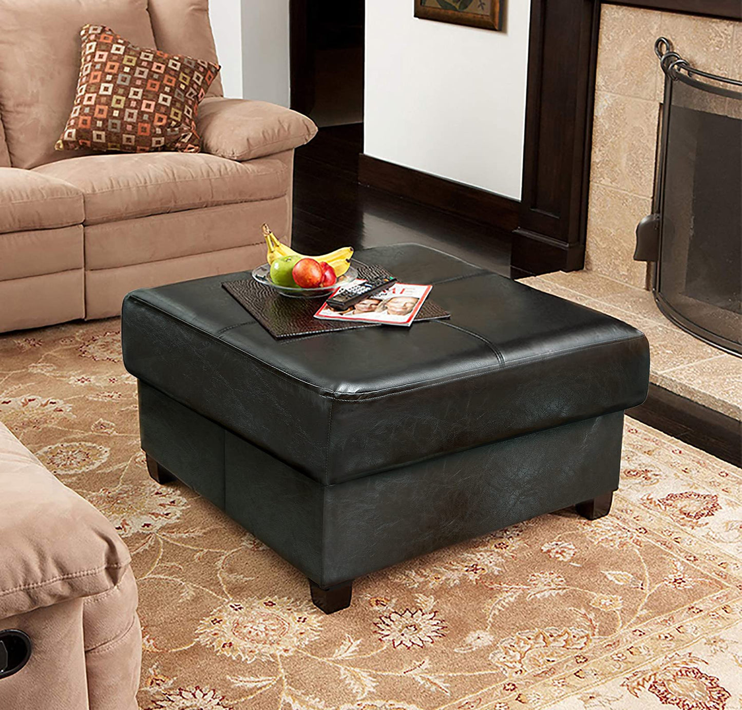 GLAXYFUR Folding Storage Bench, Cube PU Leather Footstool with Legs, Coffee Table, Ottoman with Storage for Living Room, 23.6 x 23.6 x15 Inches, Black