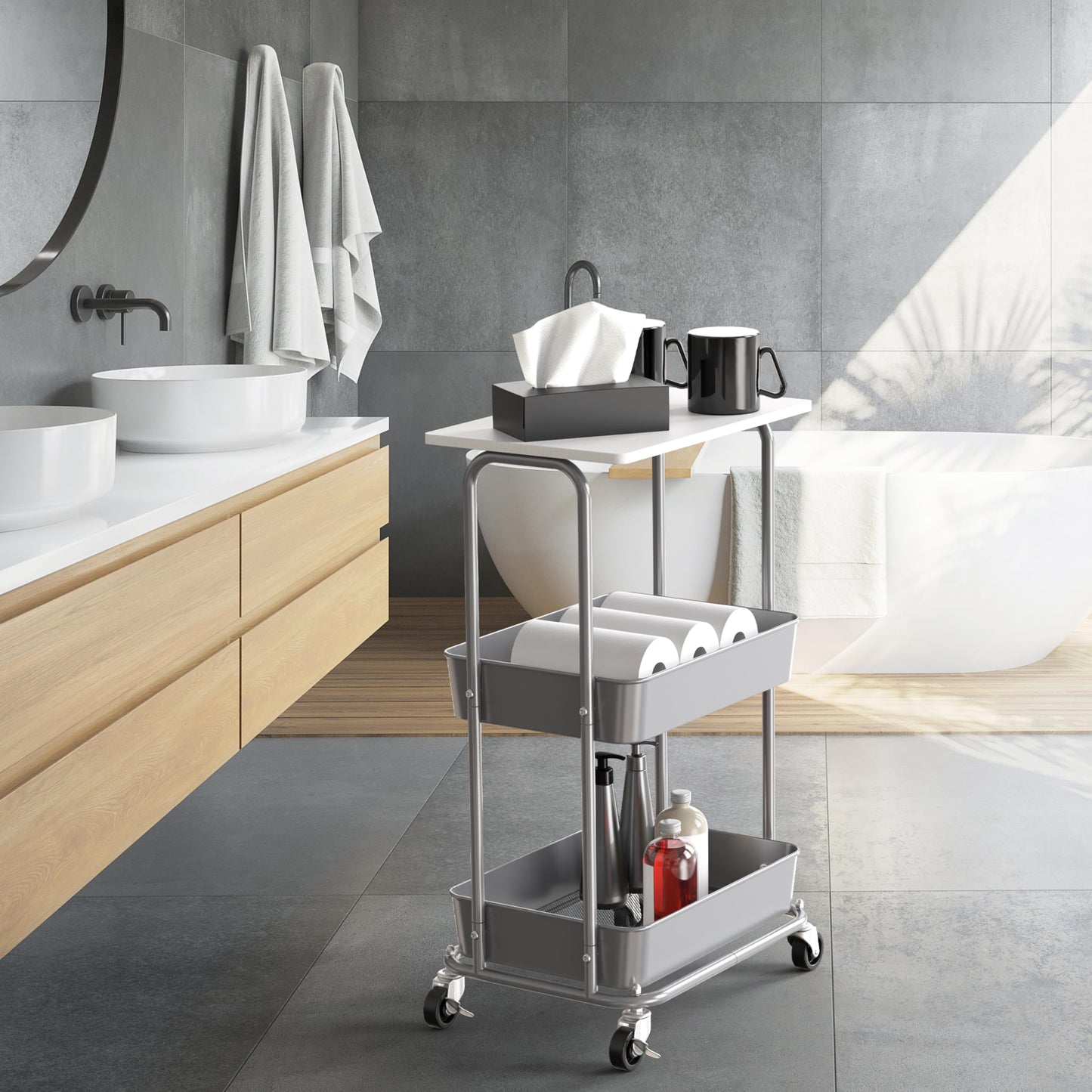 Simple Houseware 2-Tier Rolling Utility Cart with Lockable Wheels and Wood Top, Metal Storage Organizer Trolley for Kitchen, Bathroom, Office, Craft Room, White