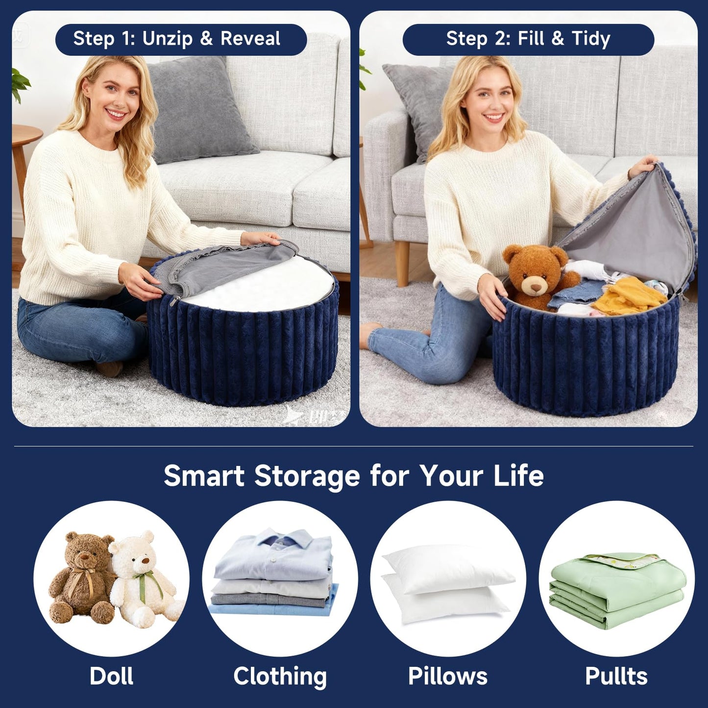Tiita Round Stuffed Pouf Ottoman, Stripe Faux Fur Poufs with Foam Chunk Filling, Furry and Fluffy Pouf 21×21×12 inch Foot Stool Storage Ottoman,Puff Office Foot Rest for Couch Living Room, Navy Blue