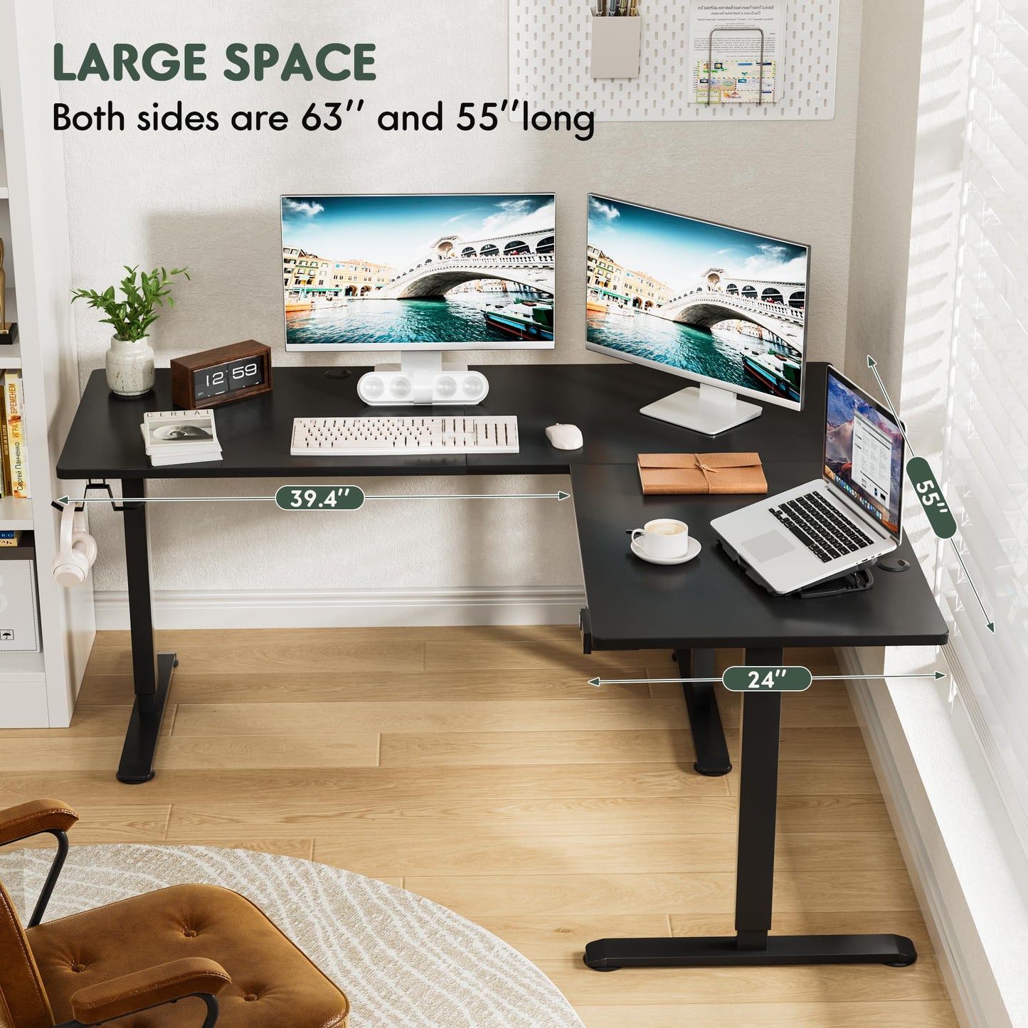 Furmax 63 x 55 Inch L Shaped Standing Desk with 2 Preset Heights, Electric Height Adjustable Computer Table, 2 Hooks & Feet Balance, Corner Sit Stand Desk for Home Office (Black, 63 x 55 Inch)