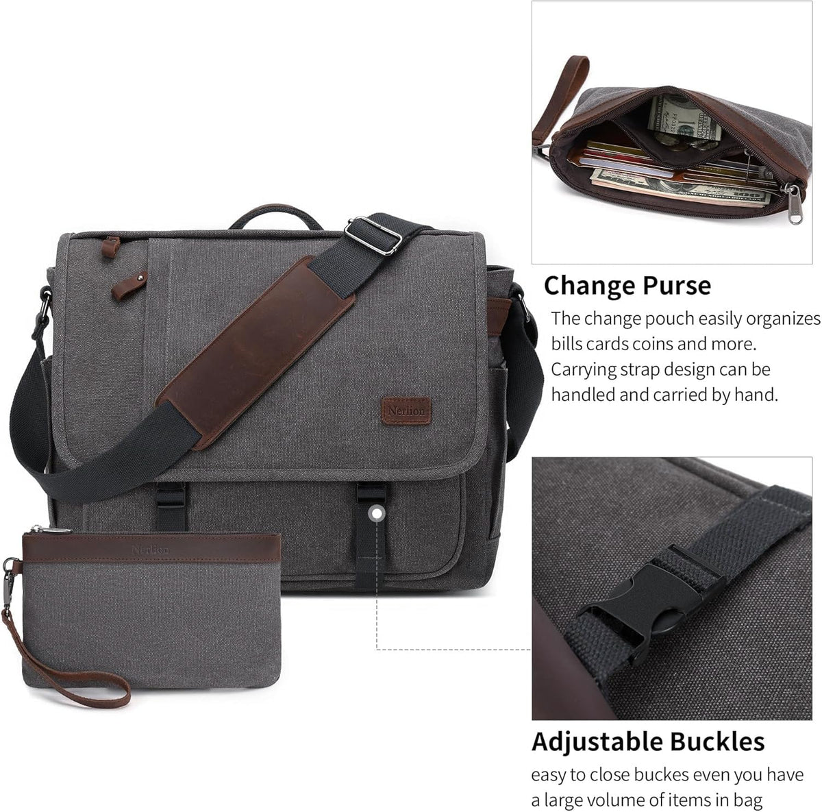 Nerlion Messenger Bag for Men 17-17.3 Inch Laptop Bag Canvas Water-resistant Computer Bag Shoulder Bag Work Briefcase Bookbag for College (Gray)