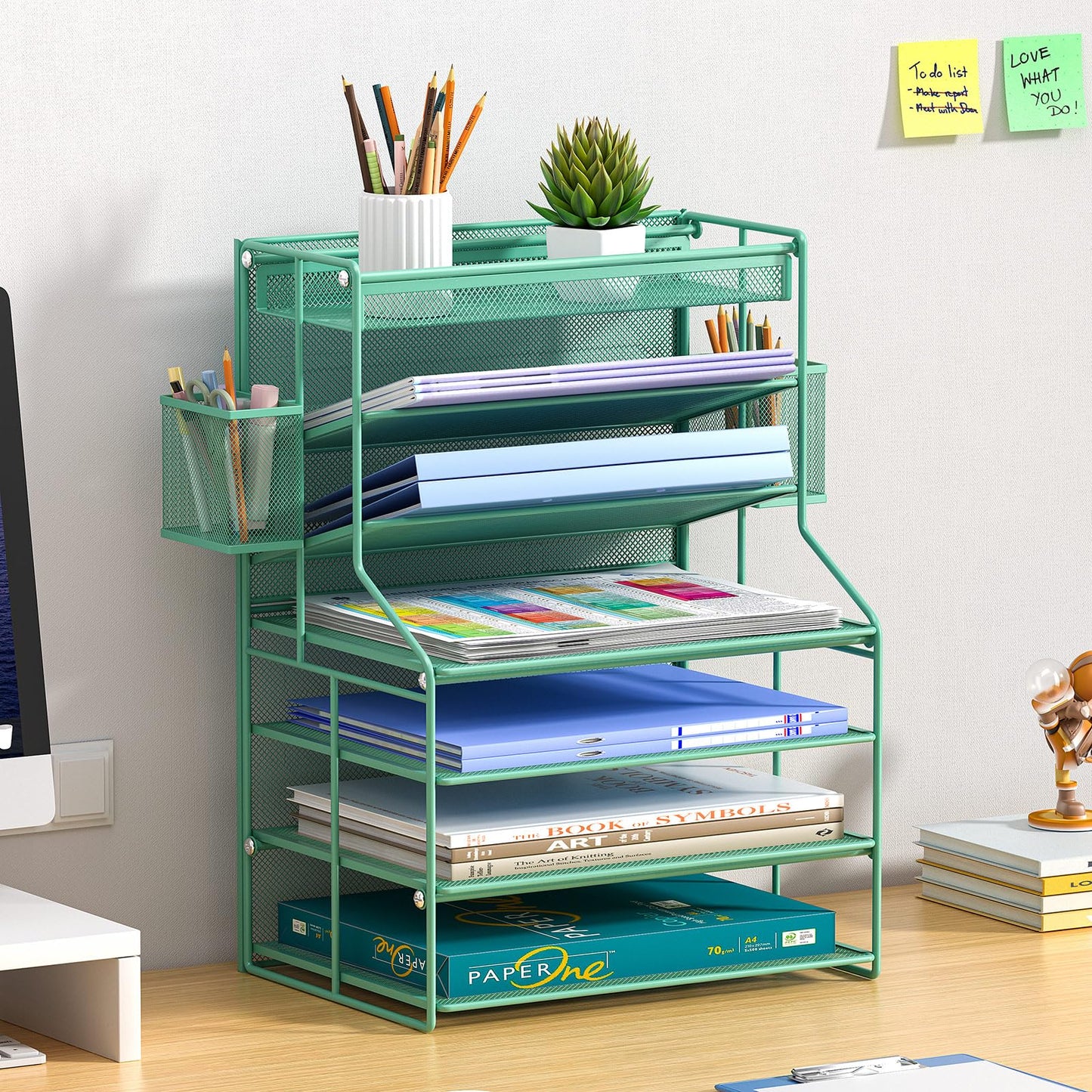 handimp Green 7 Tier Office File Organizer, Letter Tray Paper Organizer with Pen Holder and Metal Hanging Basket, Vertical Desktop File Holder for Home Office Organization