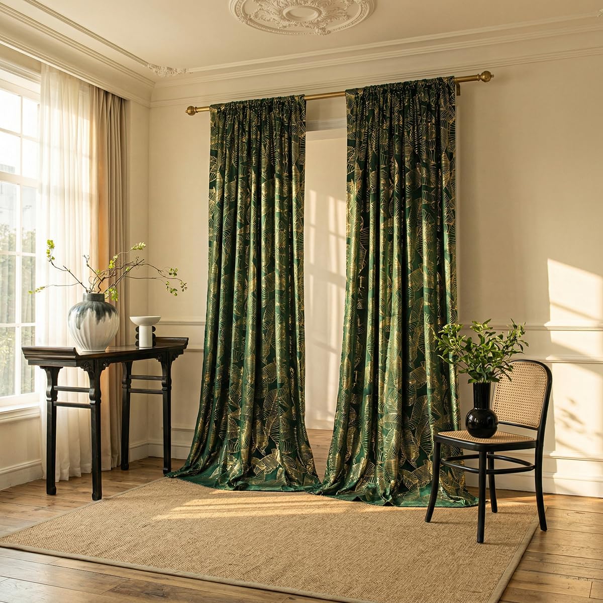 Tootop Velvet Dark Green Curtains 108 inches Long Gold Foil Printed Leaves Luxury Soft Rod Pocket Living Room Bedroom Shiny Drapes 2 Panel Home Decor (52 x 108 inches)