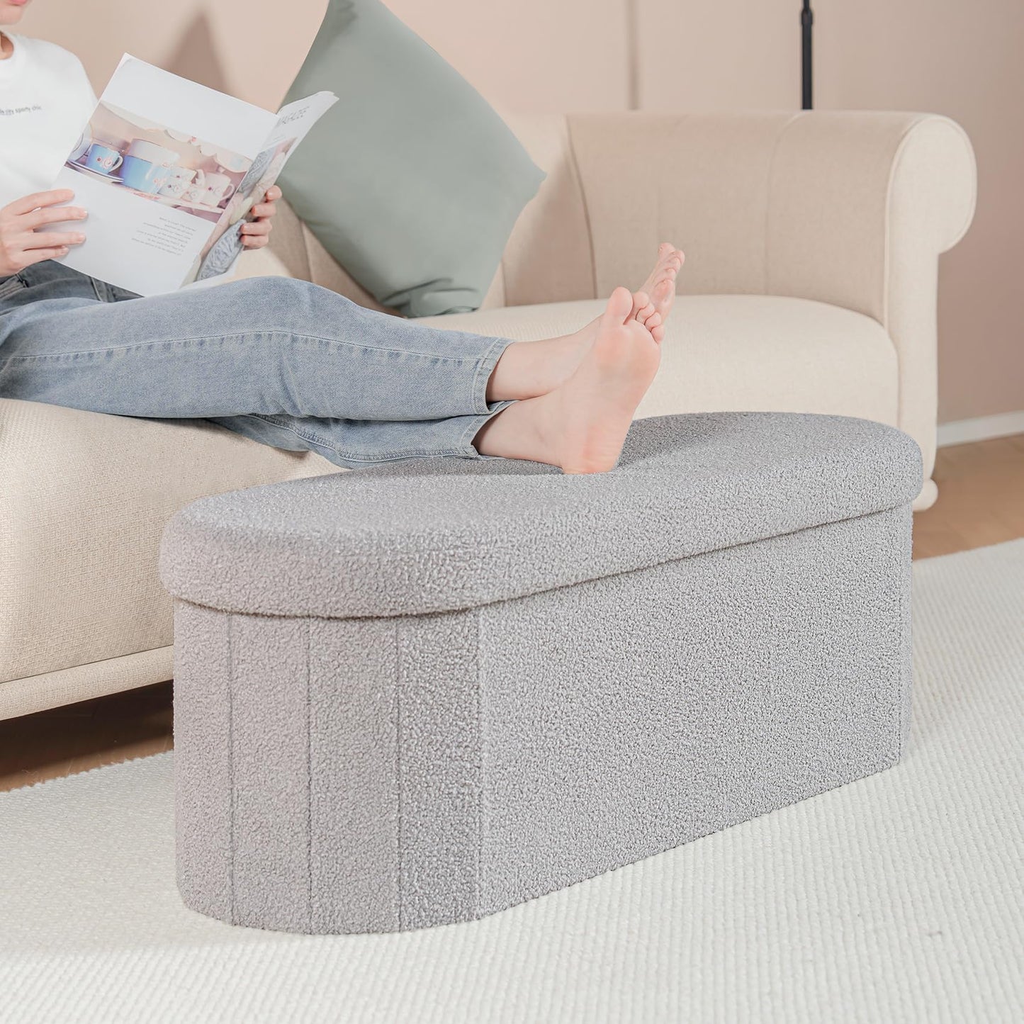 B FSOBEIIALEO Ottoman with Storage for Living Room, Sherpa Folding Storage Ottoman Foot Rest, 43.3 Inches Collapsible Bedroom Bench Grey