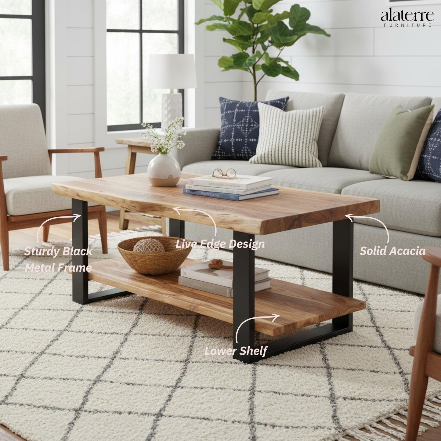 Alaterre Furniture Alpine 2-Tier Live Edge Coffee Table – 42" Solid Acacia Wood with Natural Finish, Lower Shelf Storage and Metal Frame – Rustic Industrial Style for Living Room or Home Office