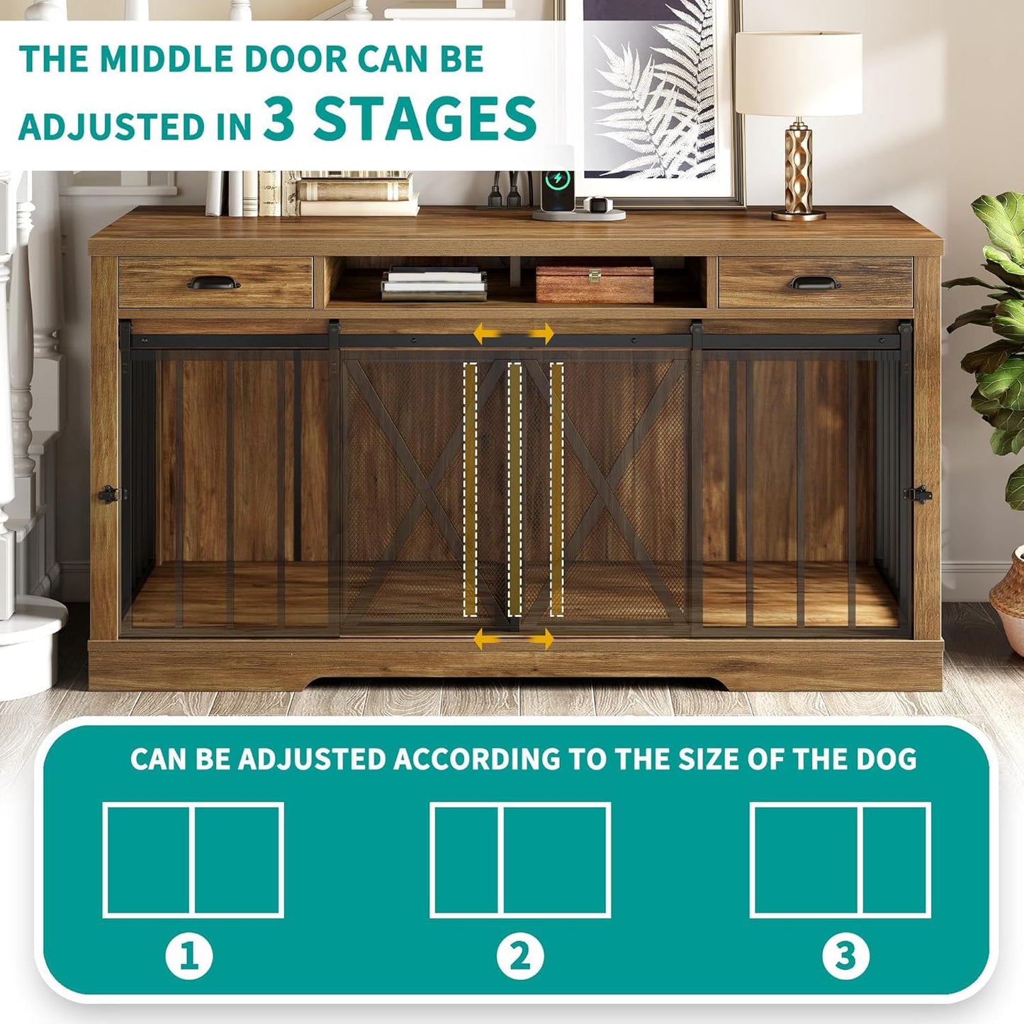 YITAHOME 63 Inch Double Dog Crate TV Stand with Charging Station, Heavy Duty Wooden Cage Furniture for 2 Dogs, Dog Kennel Indoor Furniture Double Sliding Barn Door Design Ideal for 2 Dogs, Oak