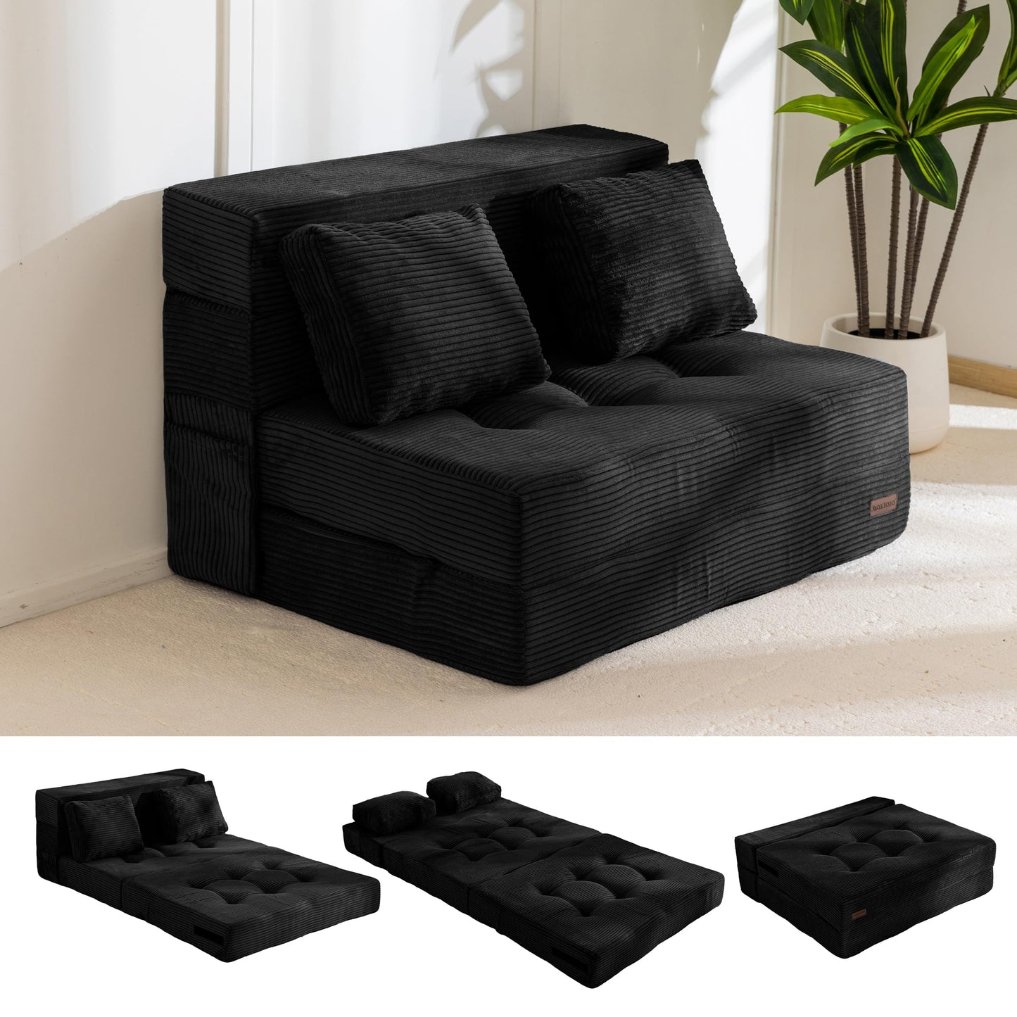 MAXYOYO Convertible Sofa Bed, Fold Out Sofa Couch with Pillow, 4 in 1 Tufted Folding Couch Bed Foam Floor Couch, Lazy Chair for Living Room Bedroom Guest Room, Black