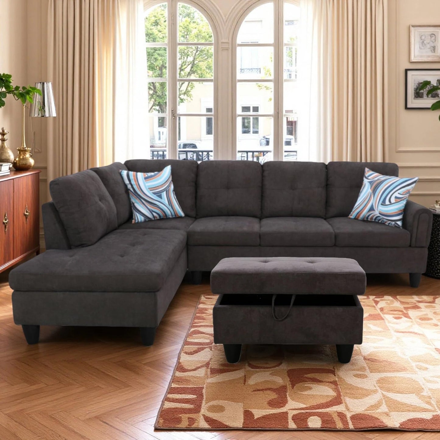 Trygoal 97" L Shaped Couch Sectional Couches with Chaise and Storage Ottoman, 3 Pieces Modular Convertible Sofa for Living Room Furniture Sets and Small Apartment, Dark Brown