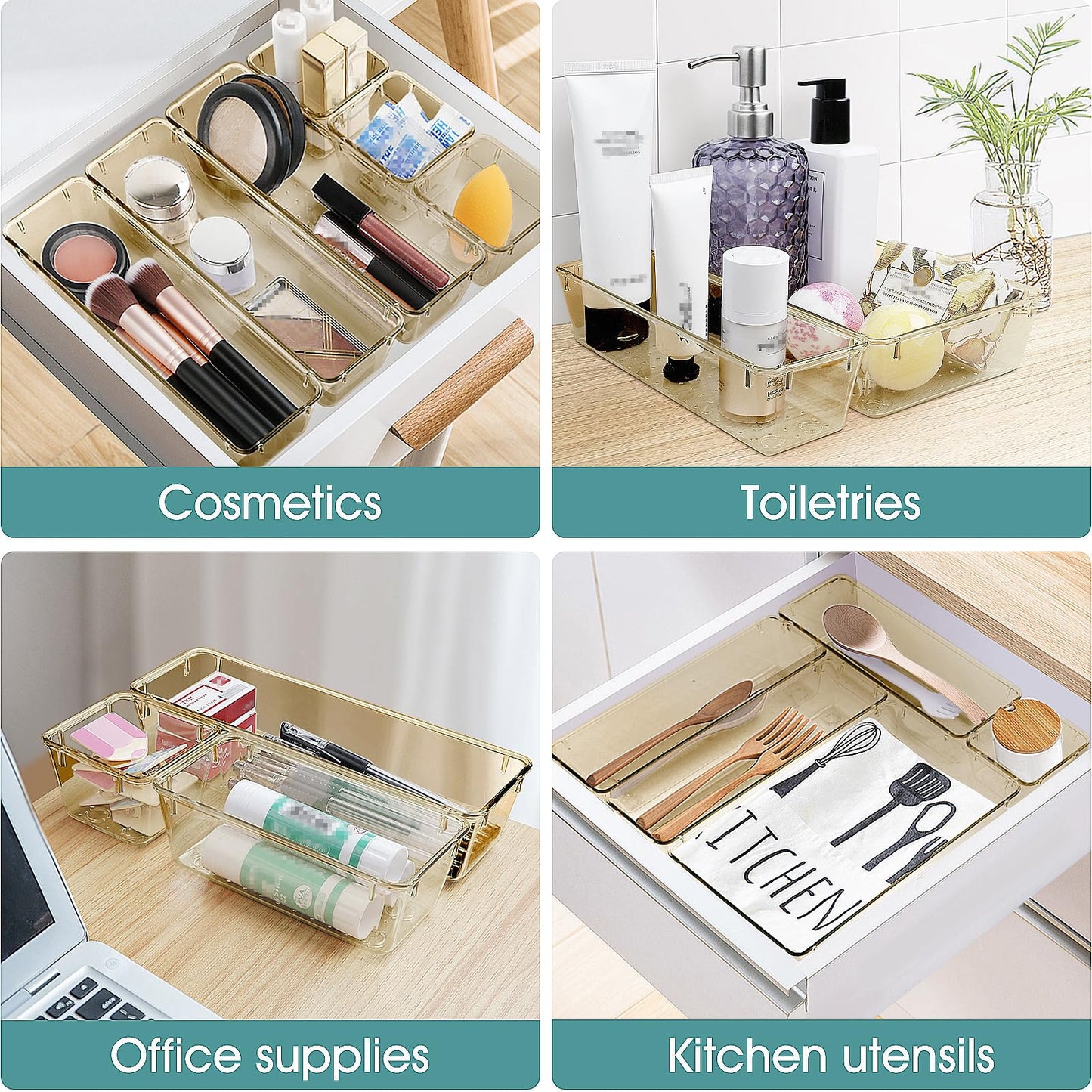 WOWBOX 25 PCS Plastic Drawer Organizer Set, 4 Sizes Desk Drawer Divider Organizers and Storage Bins for Makeup, Jewelry, Gadgets for Kitchen, Bedroom, Bathroom, Office, Clear Champagne