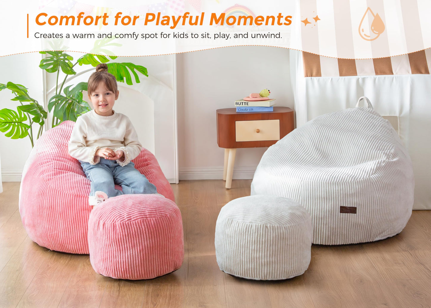 MAXYOYO Kids Bean Bag Chair with Ottoman, Soft Plush Bean Bag Sofa with Removable Cover for Boys and Girls, Convenient Floor Seat with Handle, Comfy Toddler Lounge Chair for Playroom, Bedroom, Pink