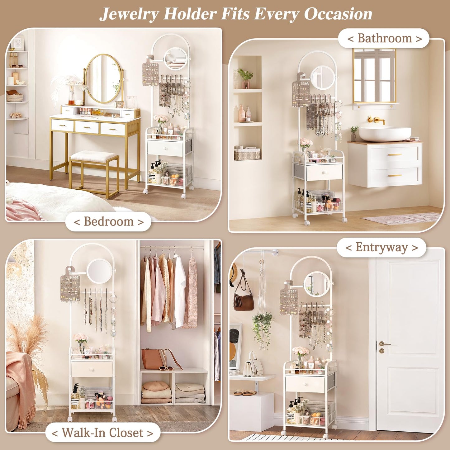 Keebofly Floor Jewelry Organizer with Adjustable Mirror, 67.52" Tall Jewelry Display Stand with 6 Acrylic Earring Necklace Pegboards, Mobile Jewelry Tower with Large Storage Drawer for Women