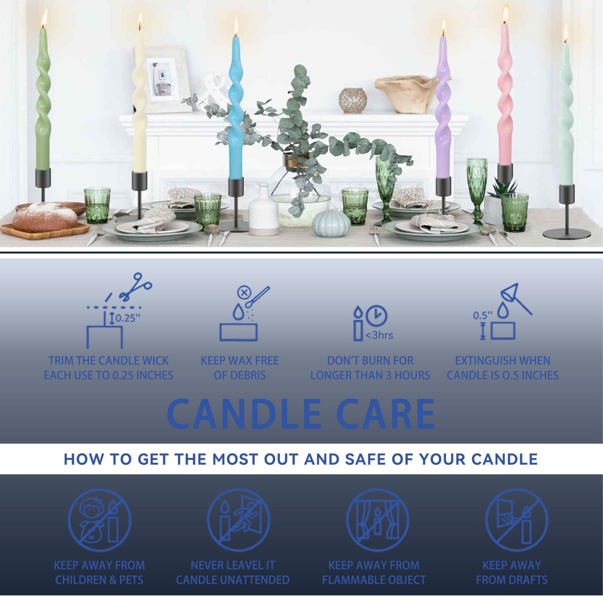 10 Inches Spiral Taper Candles Sticks Navy Blue Twisted Candle Dripless Unscented Long Candles, Handmade Candlesticks for Wedding Dinner Decor, Set of 4