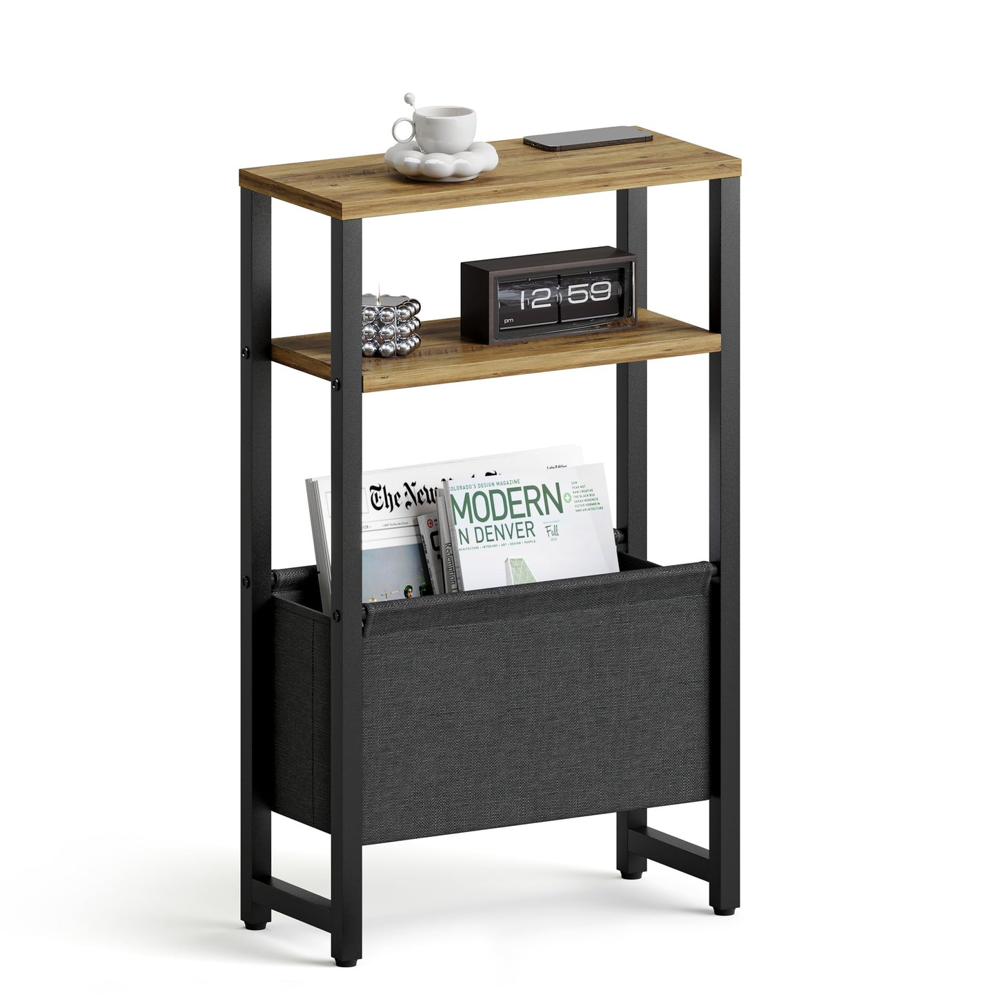 IRCPEN Narrow Side Table, Slim End Table with Magazine Rack, Skinny Bedside Table for Small Spaces, 3 Tier Sofa Couch Table Nightstand for Living Room, Bedroom, Walnut Brown LET503BR