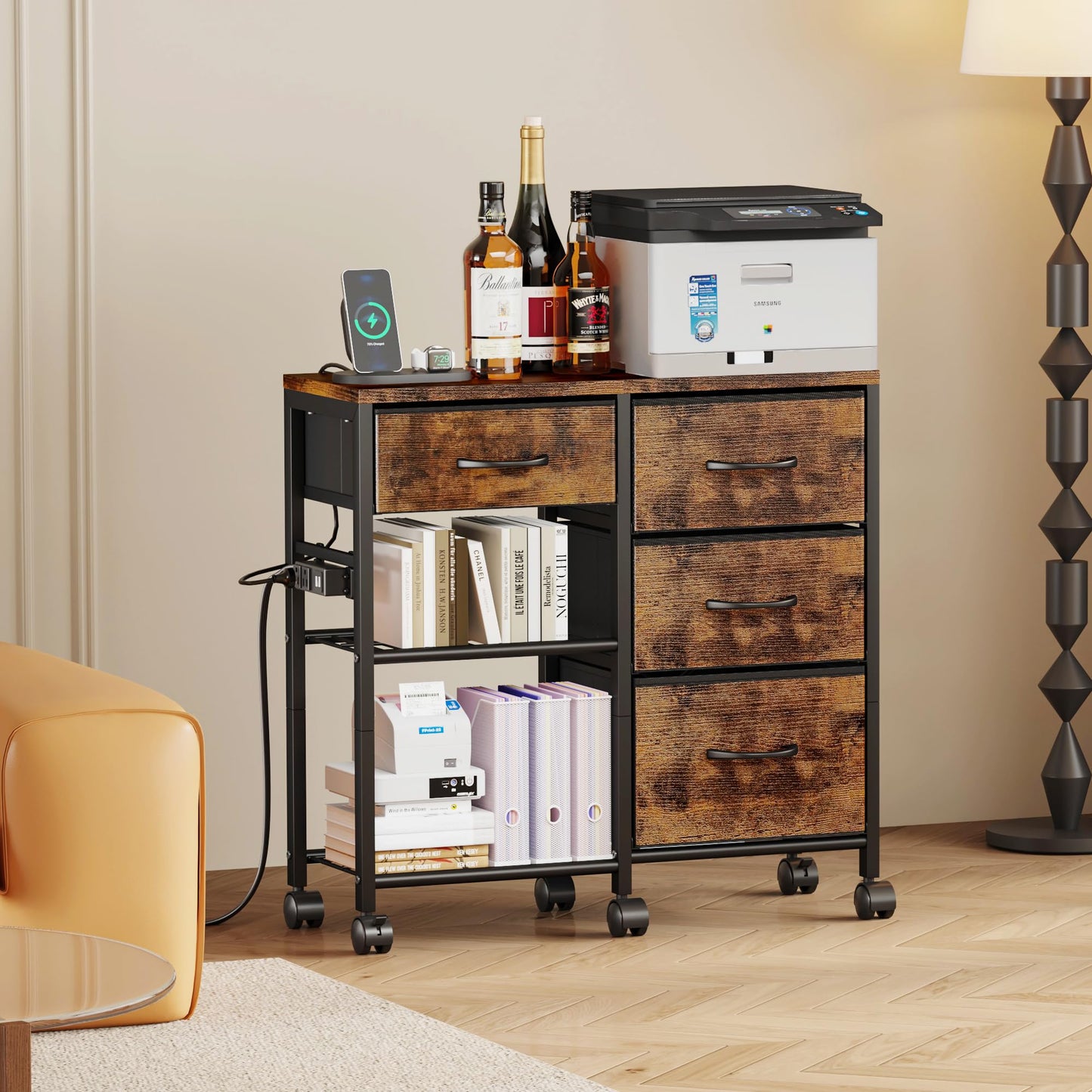 4 Drawer File Cabinet with Charging Station, Rolling Printer Stand Table with Open Storage Shelf, Mobile Fabric Filing Cabinet for Home Office, Rustic Brown