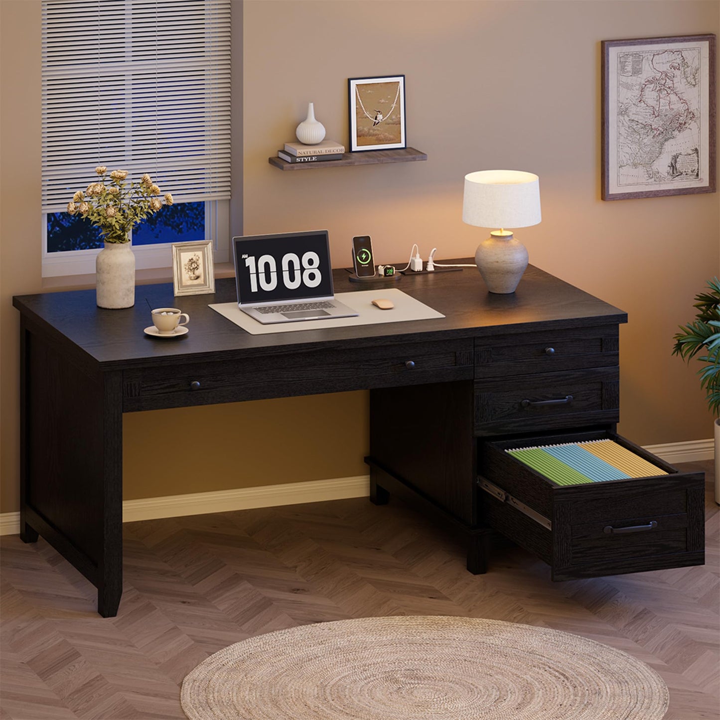 GAOMON 54.5in Wooden Executive Desk with Drawers, Office Desk Computer Table with Charging Station, Farmhouse Home Office Desk with File Cabinet Storage, for Study and Home Office, White Walunt