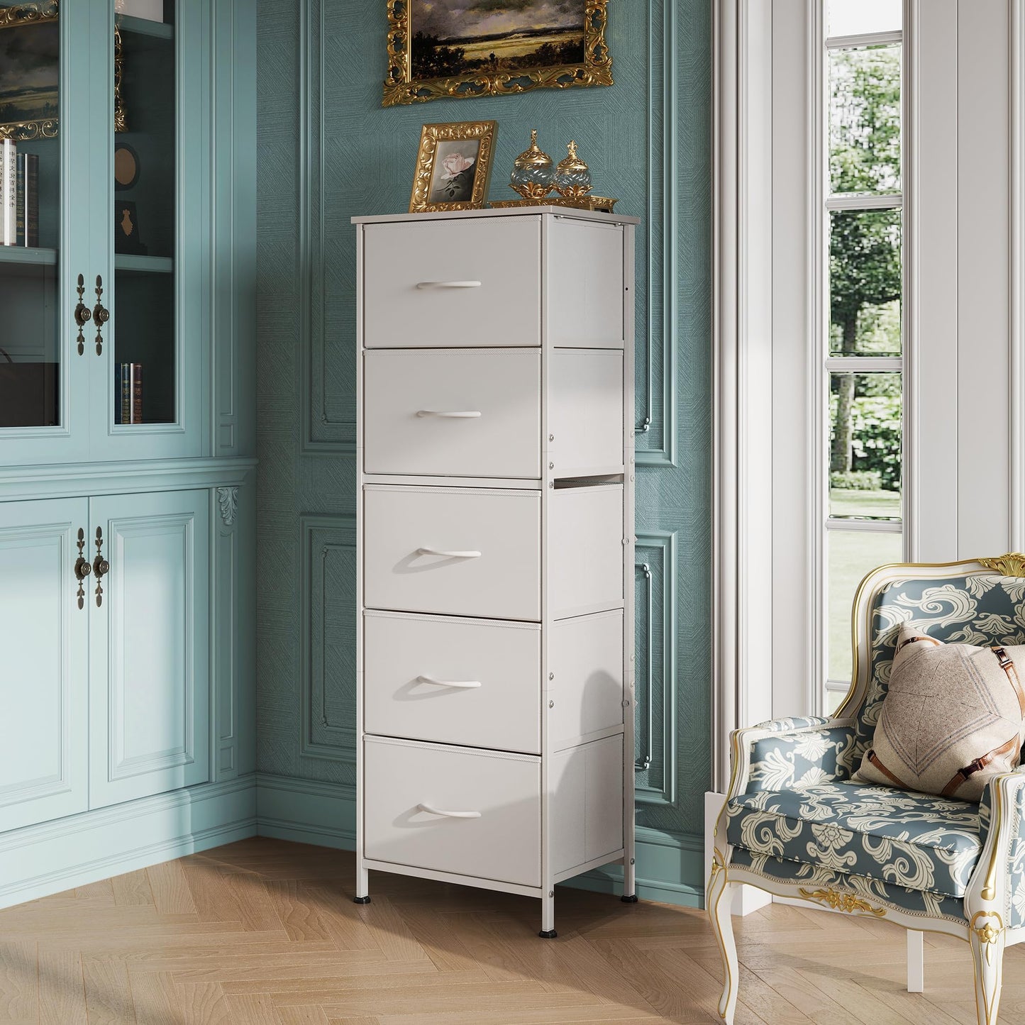 WLIVE Fabric Dresser, 5-Drawer Tall Dressers for Bedroom, Storage Dresser Organizer with Fabric Bins, Wood Top, Sturdy Steel Frame, Chest of Drawers for Closet, Hallway, White