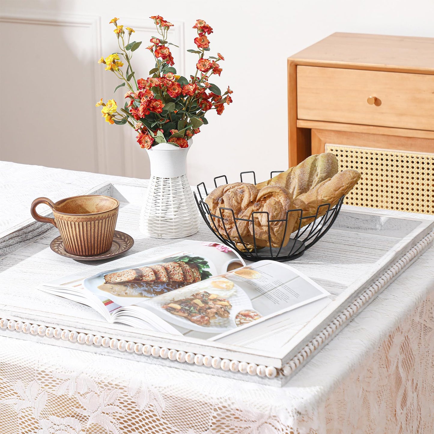 Yoande Extra Large Square Ottoman Table Tray with Wooden Bead 24 Inch Rustic Washed Wooden Serving Tray Multipurpose Farmhouse Decorative Square Ottoman for Coffee Table Platter Room Kitchen Counter