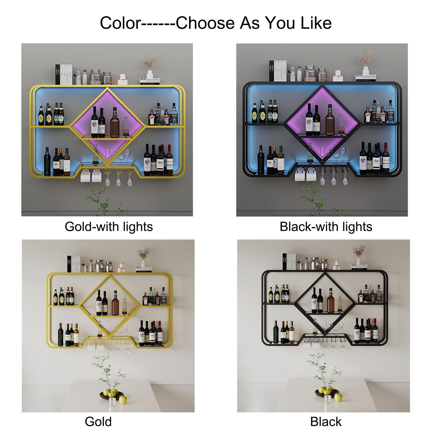 Wall Mounted Wine Rack with Glass Holder and Liquor Cabinet - Home Bar Furniture for Wine Storage - Hanging Wine Glass Rack and Bottle Display Shelf for Cafe Kitchen