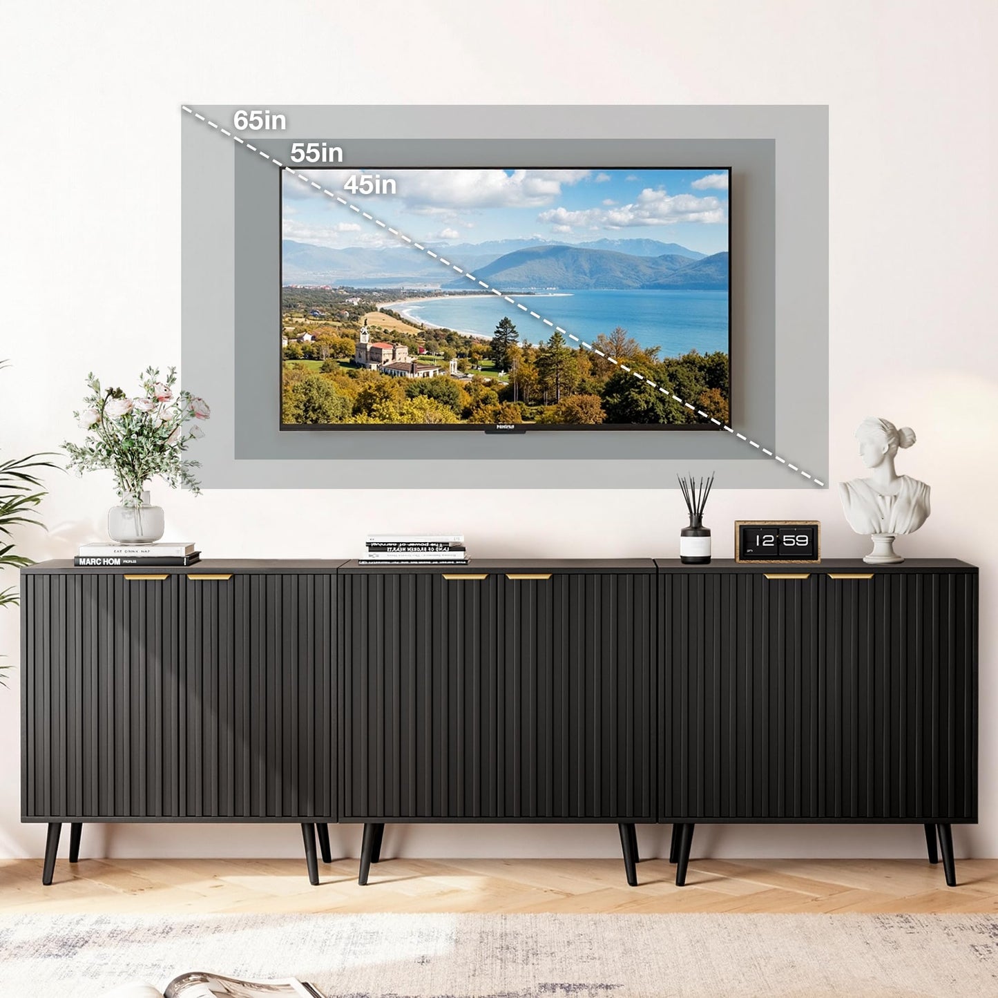 Vrullu Fluted Storage Cabinet, Black Sideboard and Buffet Storage with Adjustable Shelf, Wood Accent Cabinet for Living Room, Hallway, Entryway, Dining Room (1, Black+Gold)