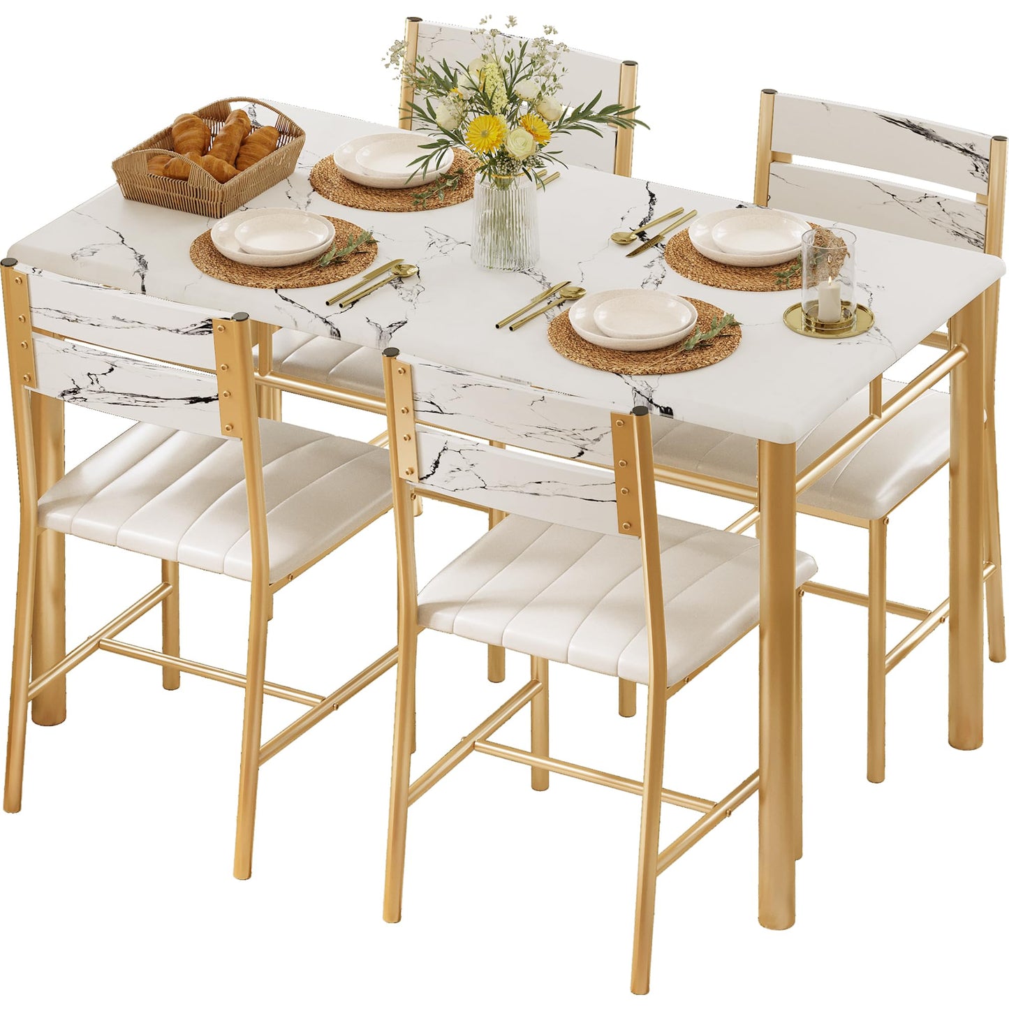 IRONCK Dining Table Set for 4, Wood Kitchen Table with Upholstered Chairs for Kitchen & Dining Room, Compact Dining Set for Small Spaces, White & Gold