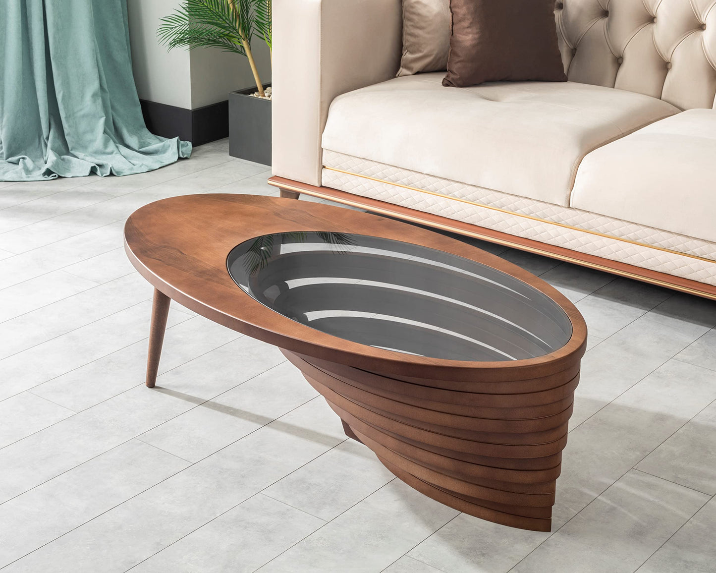 Papella Design Natural Walnut Veneer Coffee Table – Glass Top, Modern, Rustic, Industrial & Minimalist Design for Living Room Decor | Designer Center Table, Home Decor, Living Room Furniture.