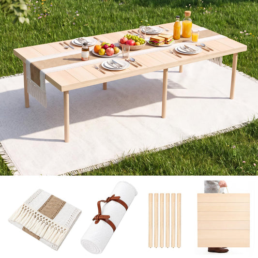 60" x 30" Inch Boho Folding Picnic Table with Picnic Blanket Set and Tables Runner Portable Large Wooden Table with Adjustable Heights for Photoshoot Camping Beach BBQ Wedding Party Size for 6 People