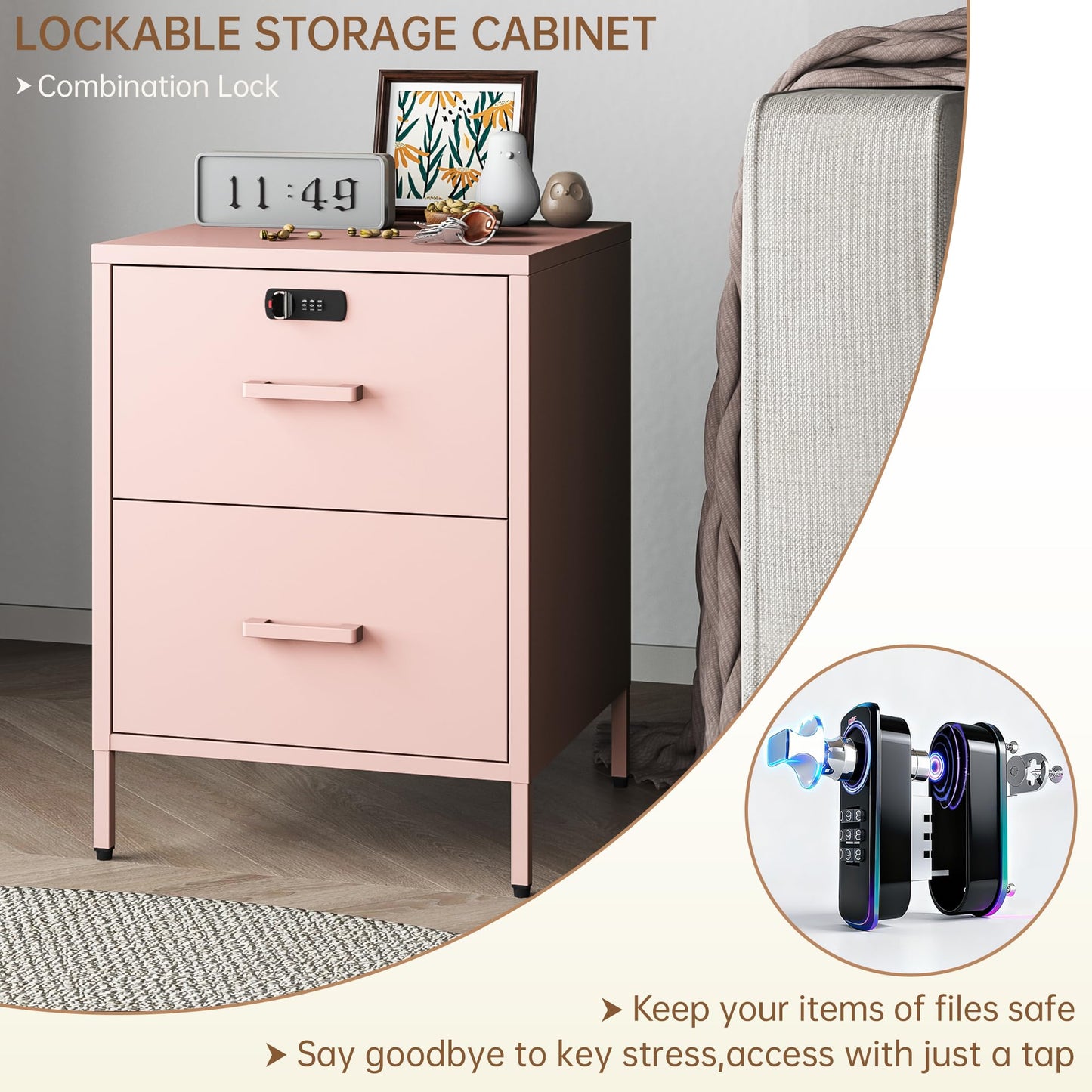 Steehoom Metal Nightstand with Lock, 2 Drawer End Side Table, Lockable Storage Cabinet Kids Cabinet for Living Room, Bedroom, Dorm, 21.26”H X 15.75”W X 15.75”D (2 Drawer, Pink)