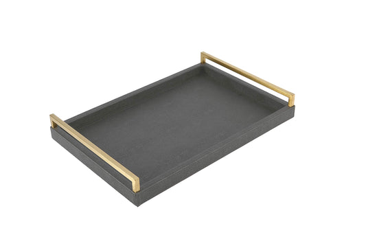 WV 17.8 * 11.8" Grey Shagreen Large Serving Tray with Brushed Gold Handle,Faux Leather Home Decorative Tray, Coffee Table Tray for Living Room, Dinning, Vanity （Grey