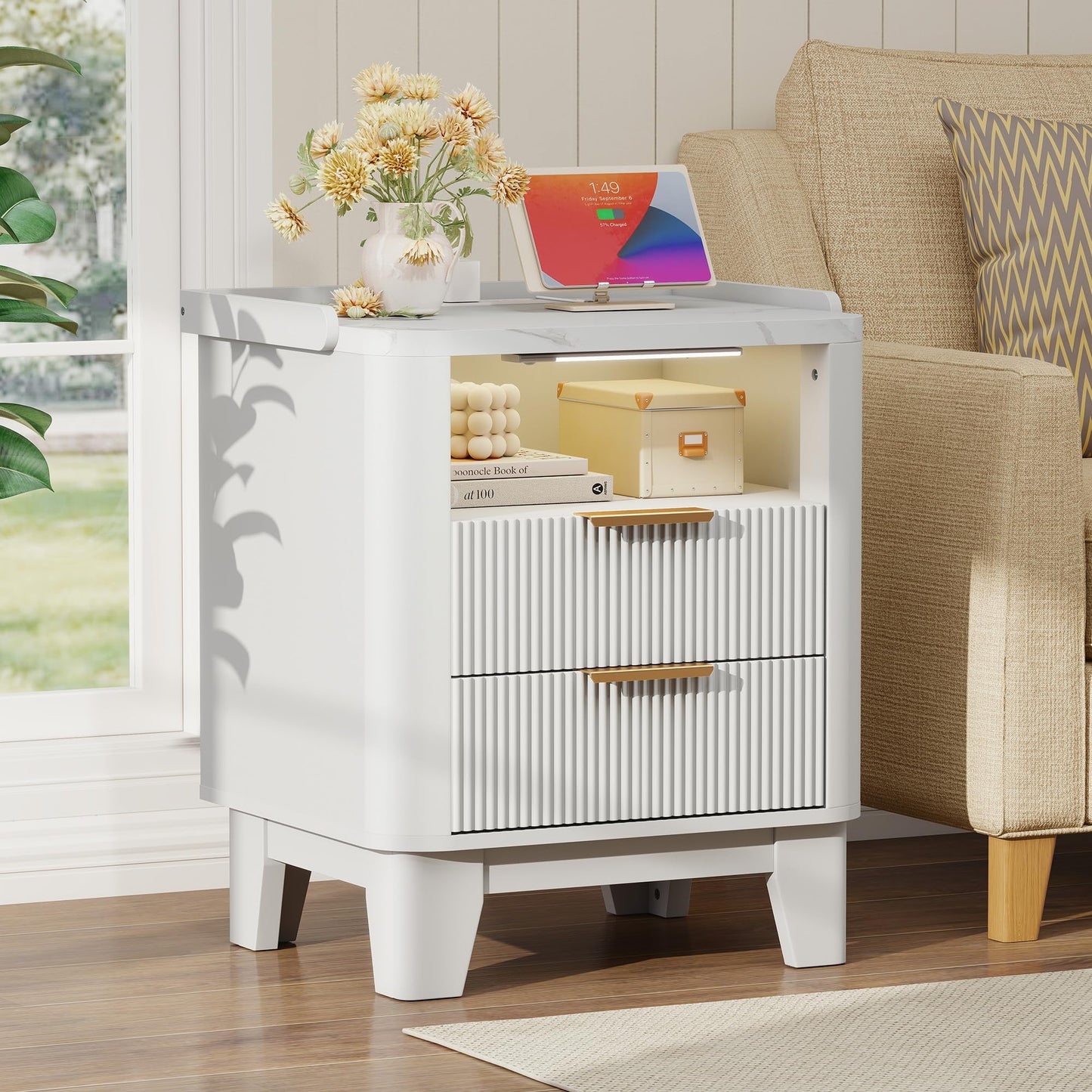 Baoz White Fluted Nightstand with Charging Station & 2 Drawers for Bedroom