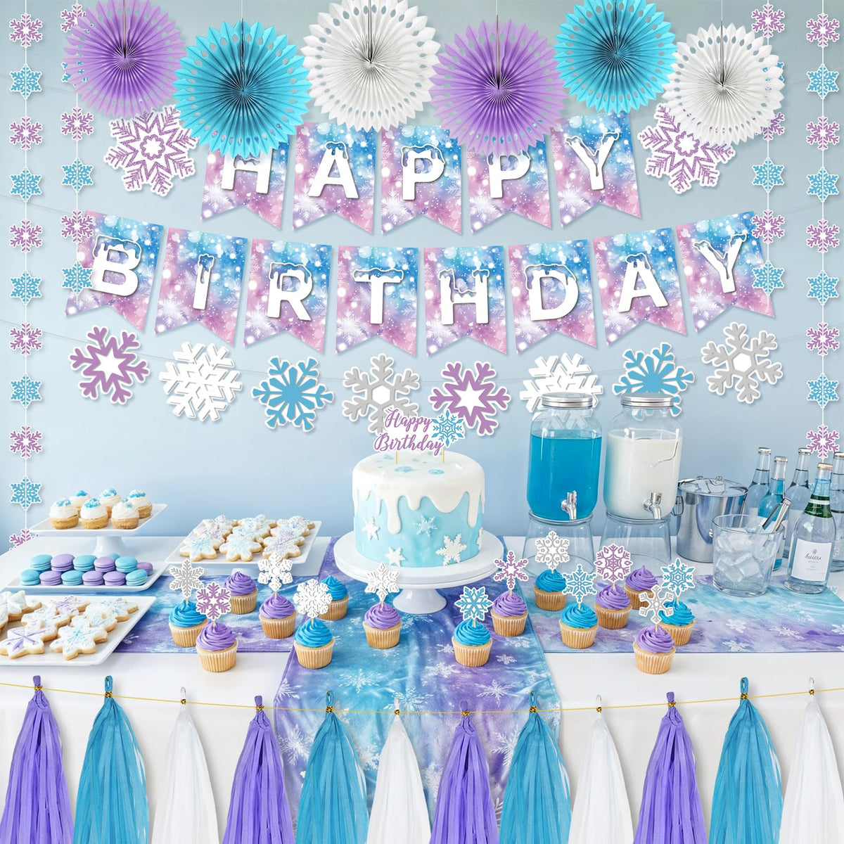 LakPty Frozen Party Decorations, Blue Purple White Snowflake Theme Birthday Decor Kit with Banner, Garlands, Cake Topper, Paper Fans, Tassels Decors for Boys Girls Winter Holiday Party Supplies