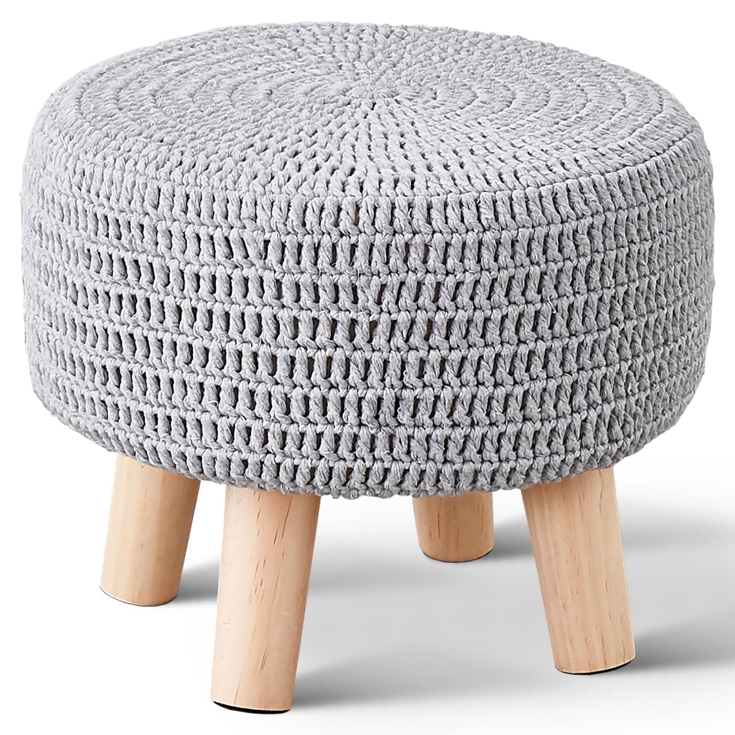 Wimarsbon Small Ottomans, 100% Hand Knitted Pouf Ottoman, Round Footrest with 4 Non-Skid Wood Legs, Boho Décor Cotton Rope Pouffe Beside Sofa, Leisure Floor Step Chair for Living Room (Grey)