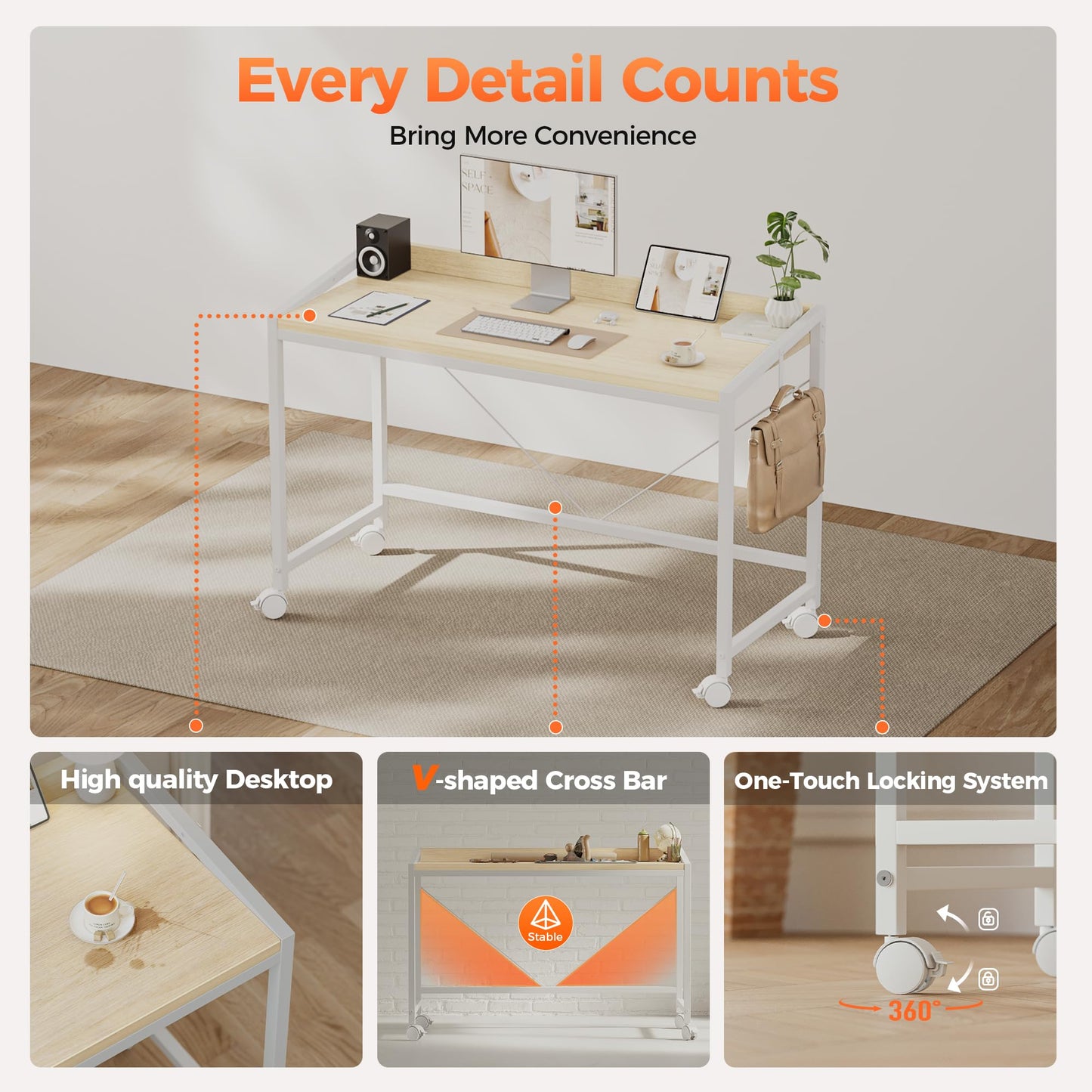 Mericonia 40 inch Rolling Computer Desk with Wheels, Gaming Desk for Small Spaces, Modern Simple Style Table for Home Office, Study Writing Table