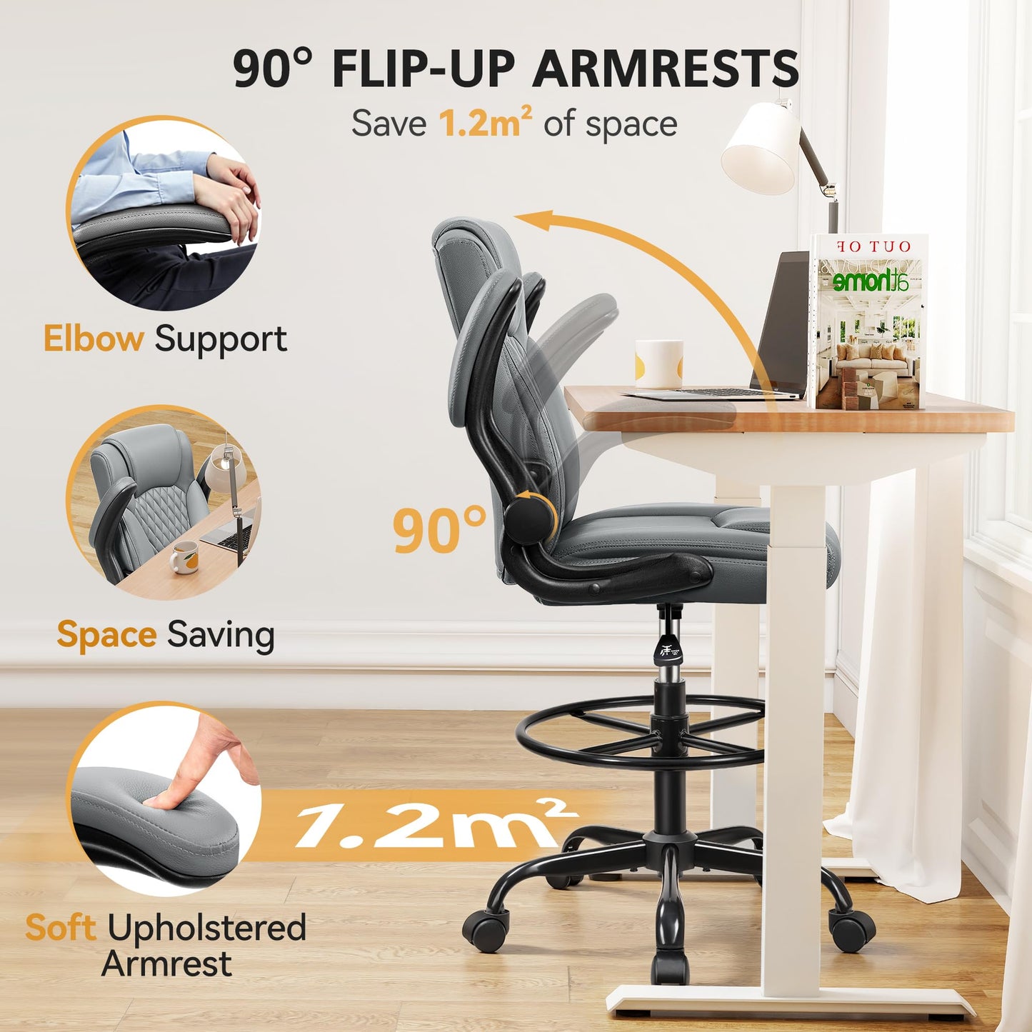 Drafting Chair, Tall Office Chair for Standing Desk, High Executive Leather Ergonomic Computer Chair with Adjustable Height and Flip-Up Armrest for Counter Height Desk, Grey, Pack of 1