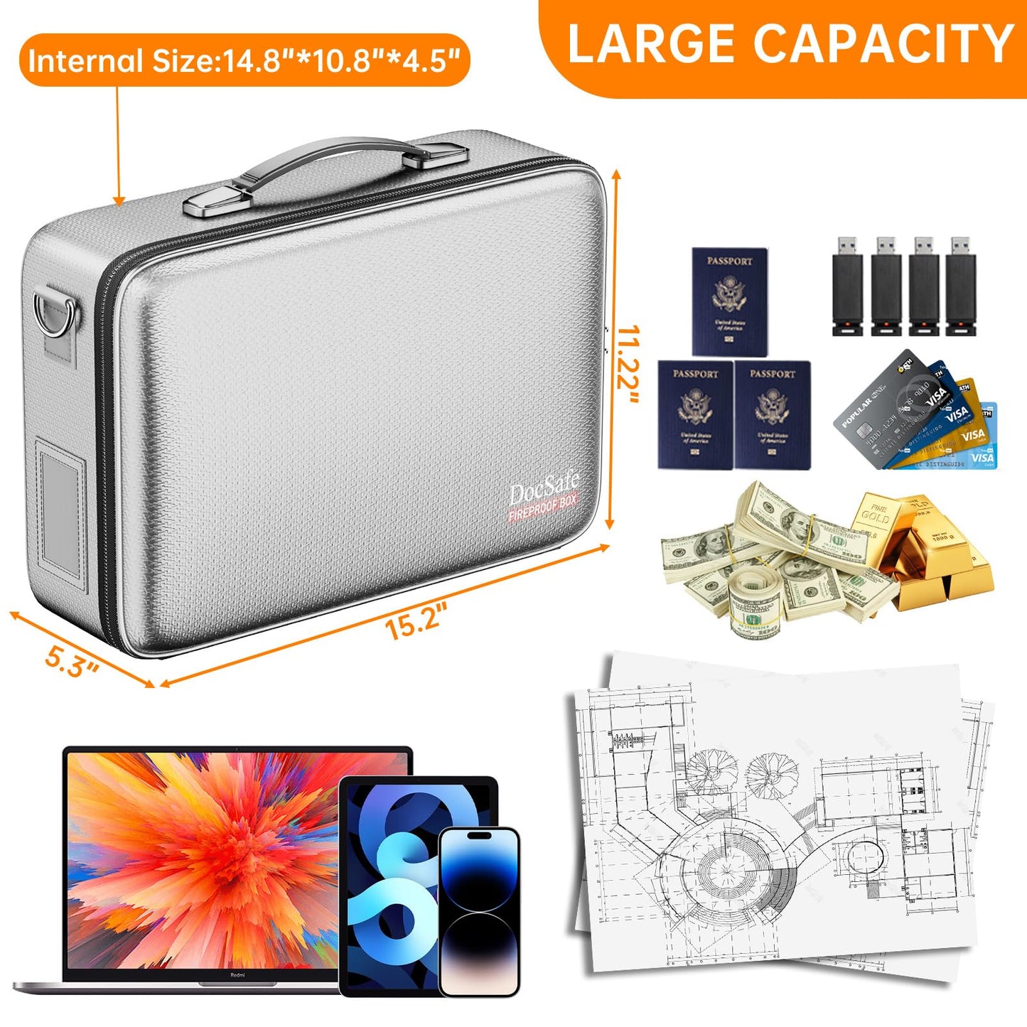 DocSafe Fireproof Document Box with Lock, Hard Case File Organizer with Accordion File Folder, Fireproof Water Resistant Safe Box Home Office Travel Storage for Important Documents Laptop Silver