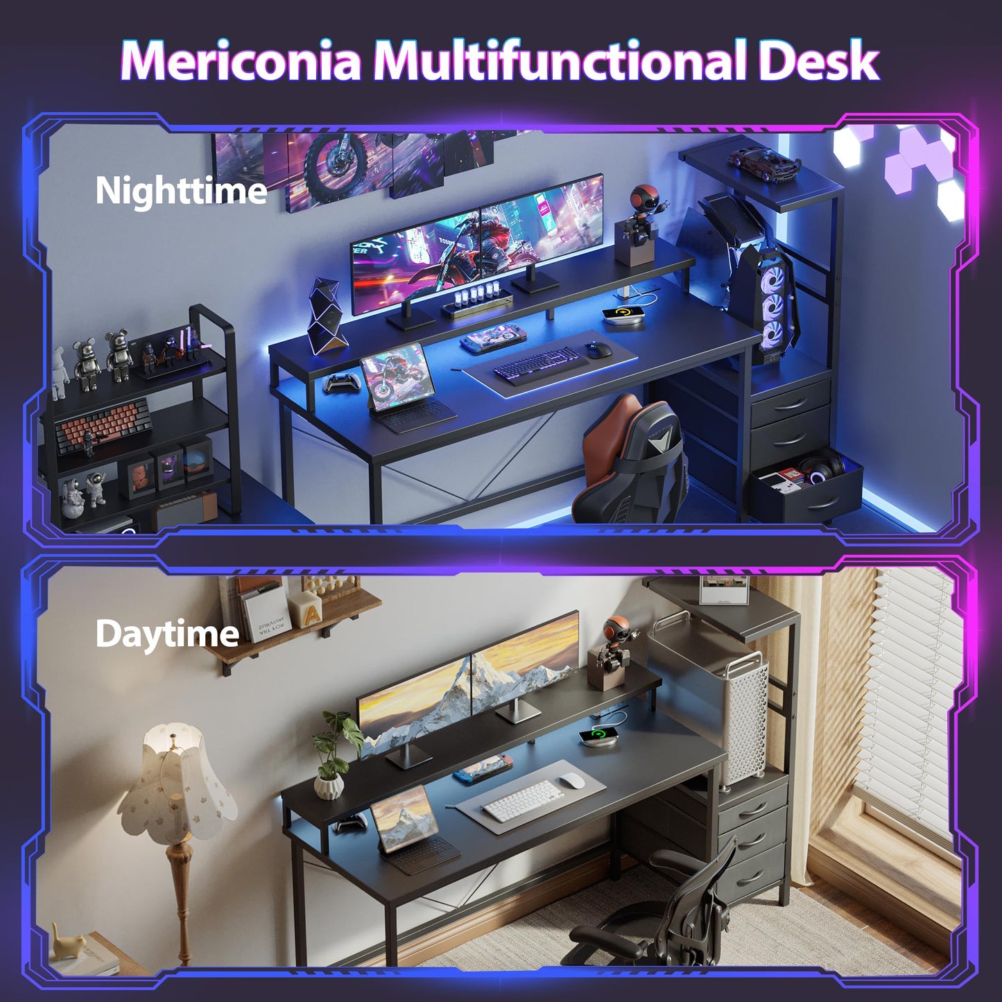 Mericonia 60 inch Gaming Desk with LED Lights & Power Outlets, Reversible Computer Desk with Storage Drawers & Monitor Stand, Large Gaming Table for Home Office