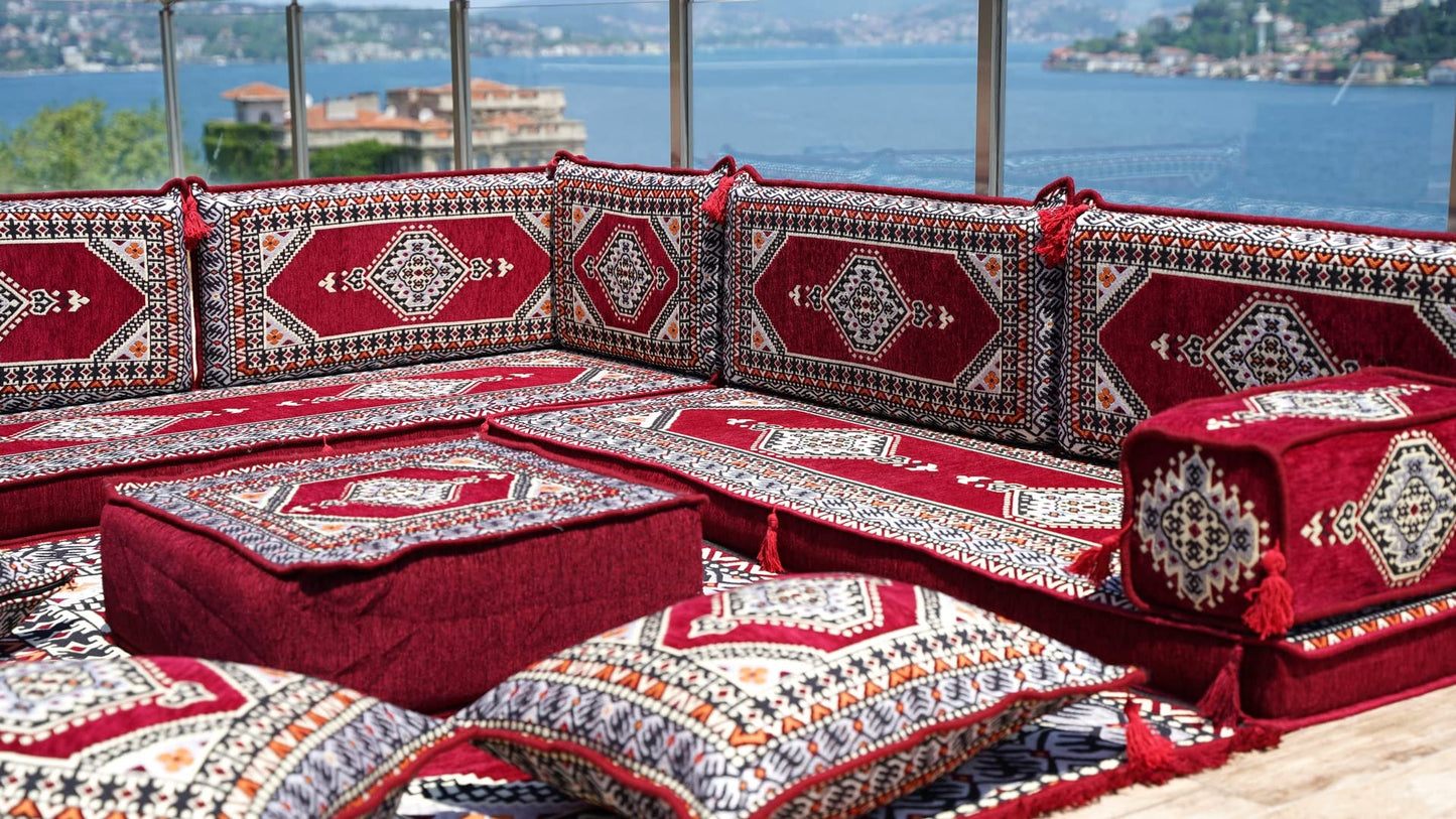 L Shaped Arabic Floor Cushions, Sectional Sofas, Arabic Majlis Set, Custom Made Sofa, Arabic Sofa Set, Seating Cushions (4'' Thickness Sofa, L Sofa Full Set, Burgundy)