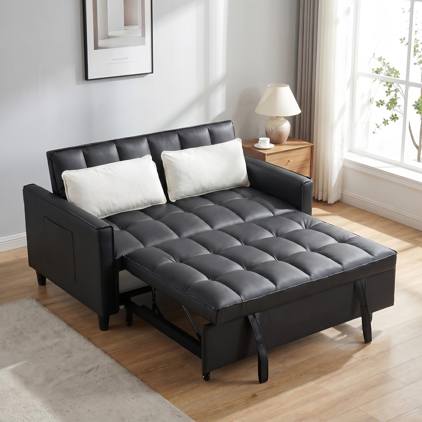 Trygoal 3 in 1 Convertible Sofa Bed, Loveseat Sleeper Sofa with Large Side Pockets, Pull Out Couch with Adjustable Backrest, Easy Assembly, PU Couch Bed for Small Spaces, Apartment, Black