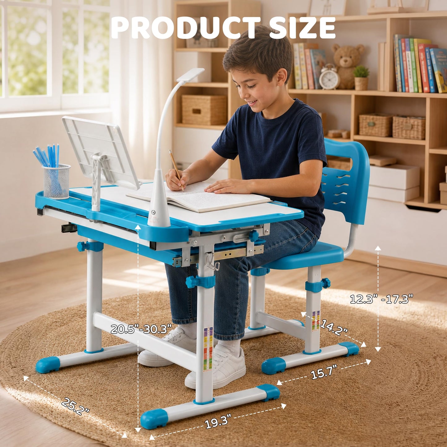 Diroan Kids Functional Desk and Chair Set, Ergonomic Height Adjustable Children School Study Desk with Tilt Desktop, Book Stand, LED Light, Metal Hook and Storage Drawer for Boys Girls(Blue)