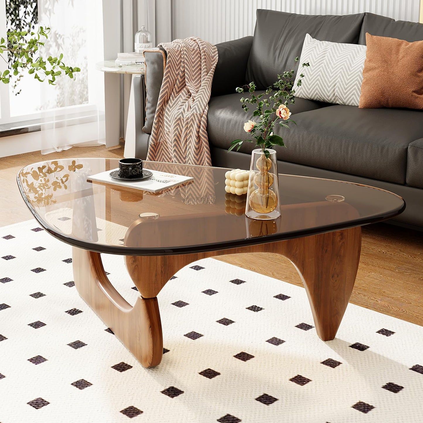 JCAJCA Coffee Table for Living Room Mid Century Modern Center Table with Glass Top and Wood, 32 Inch, Brown/Walnut
