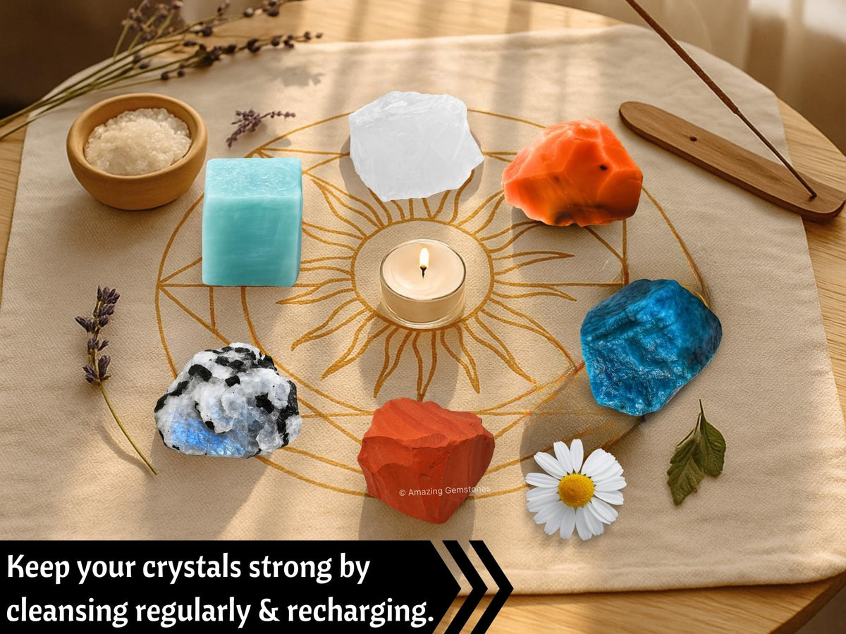 Crystals for Creativity Manifestation, Set of 6 Clear Quartz, Amazonite, Carnelian, Rainbow Moonstone, Red Jasper and Apatite Healing Crystals and Stones