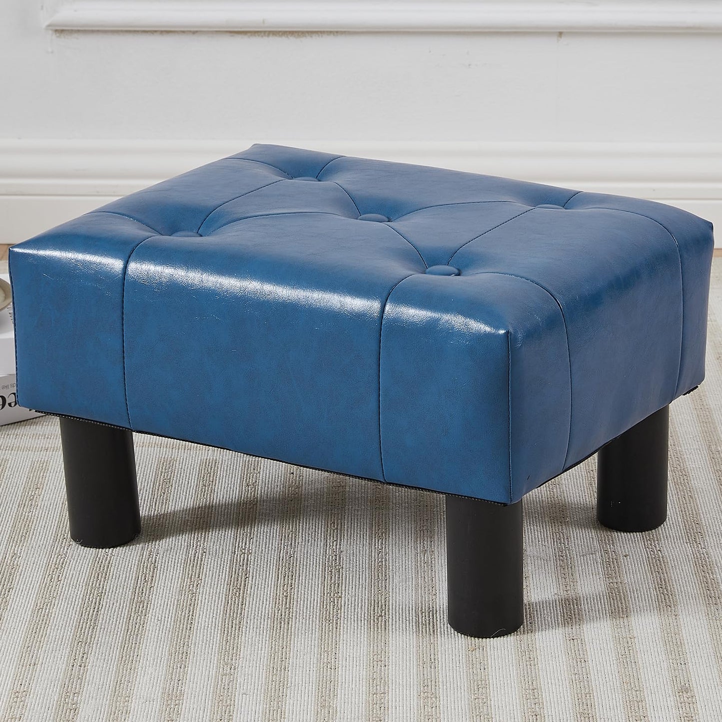 FIMIVIBI Small Foot Stool Ottoman, Faux Leather Footstool Ottoman Foot Rest for Couch, Rectangle Footstools and Ottomans Small for Living Room, Entryway and Bedroom (Blue)