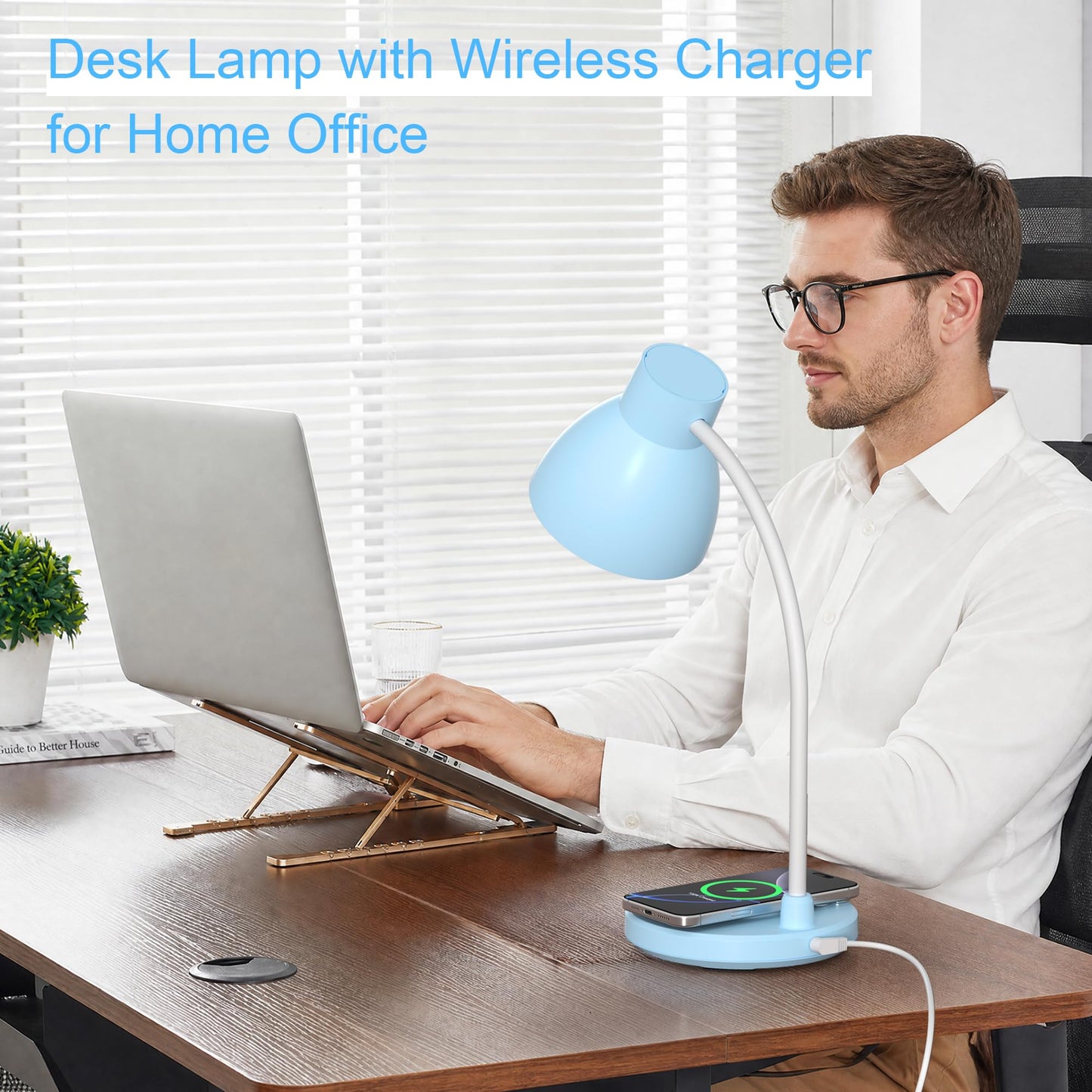 Vicsoon Desk Lamps for Home Office - LED Desk Lamp with Wireless Charger, 3 Color Modes Dimmable Eye-Caring Study Reading Desk Light, Small Flexible Arm Table Lamp for College Dorm Room Bedside, Blue