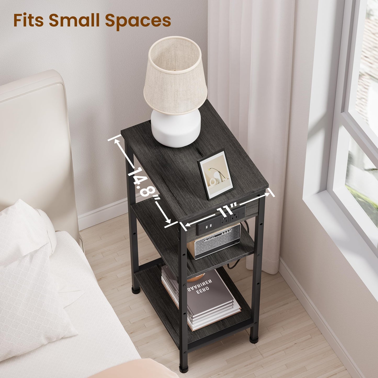 Asgolion Tall End Table with Charging Station, 3 Tier Narrow Beside Table with Adjustable Shelf, Tall Gray Side Table Nightstand for Bedroom, Living Room Coffe Table, Office, Charcoal Grey