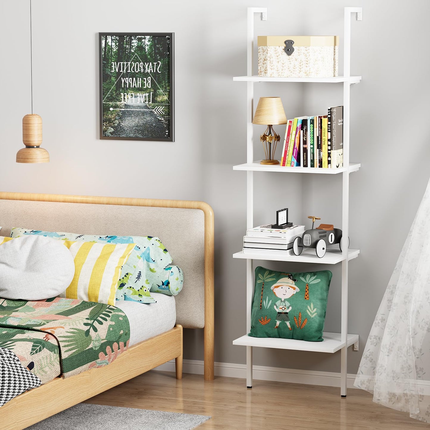 Wolawu Ladder Shelf 4 Tiers Metal Industrial Bookshelf,White Wooden Tall Open Storage Rack and Display Shelves,Wall Mount Wide Bookcase for Home Office Bedroom,Small