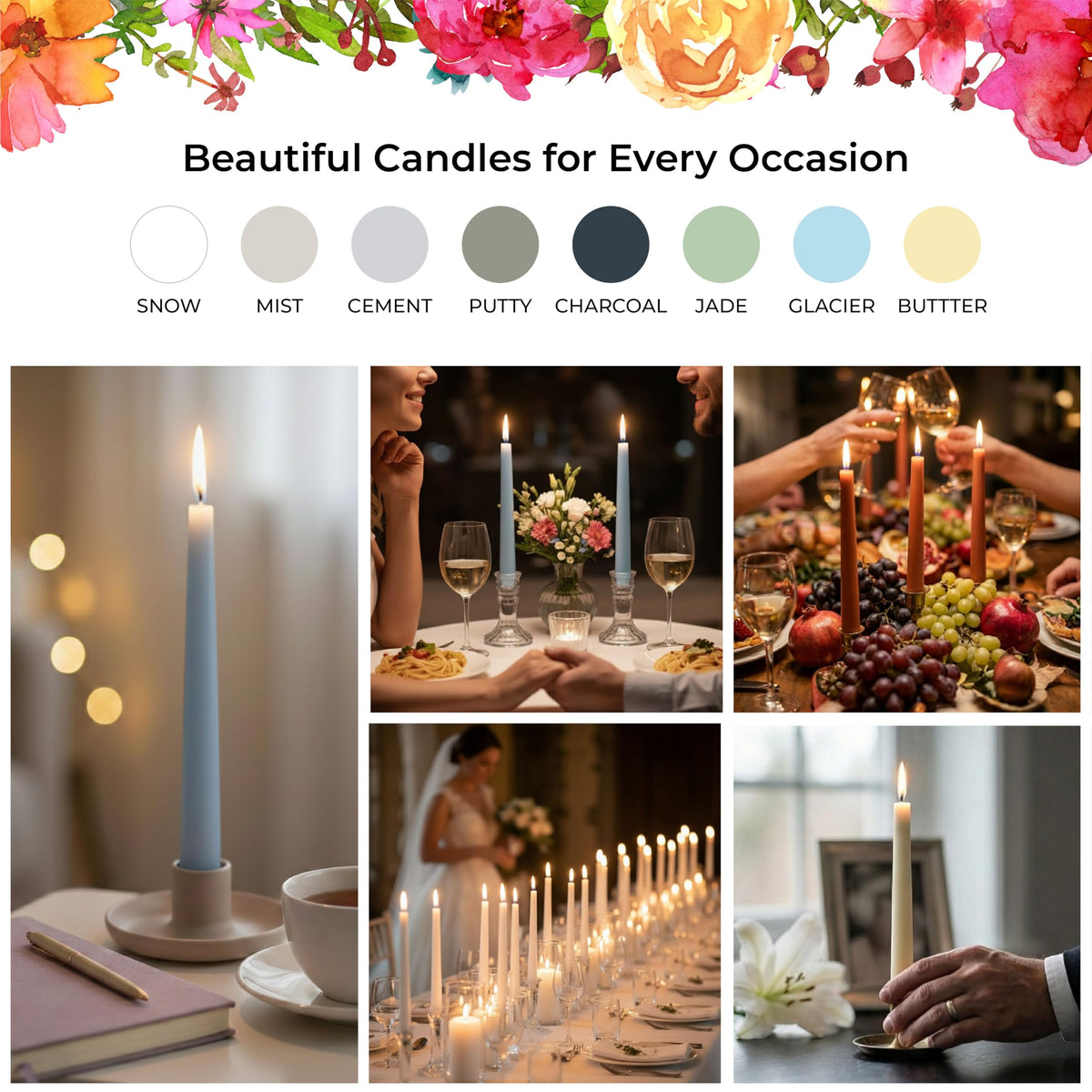 Putty Gray Taper Candles 10 Inch, 12 Pack - Unscented Dripless Dinner Candles, 7 Hour Burn Time, Premium Solid Wax Candlesticks for Weddings, Parties, Events & Home Decor. Candlesticks