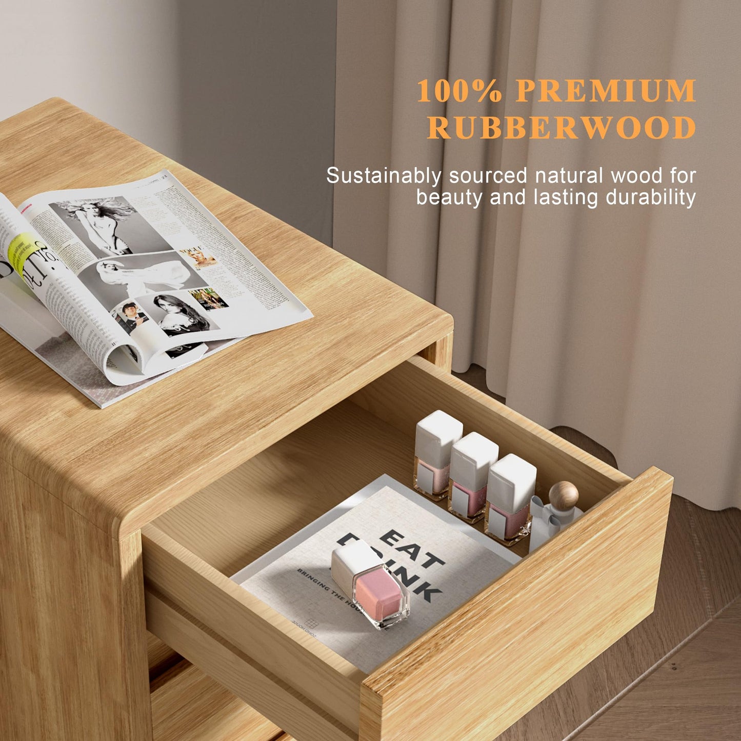 Nightstand 2 Drawers with Open Shelf Narrow Night Stand Solid Wood Bedside Table Mid Century Modern Nightstand Wooden End Table for Bedroom, Study, Office