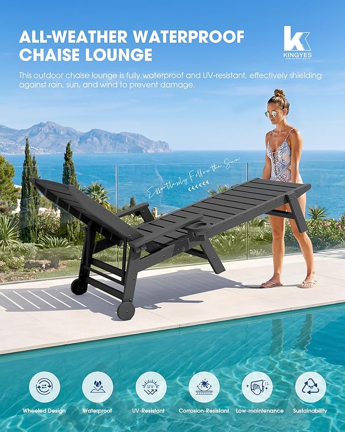 KINGYES HDPE Lounge Chair Outdoor Set of 4, Patio Chaise Lounge Recliner