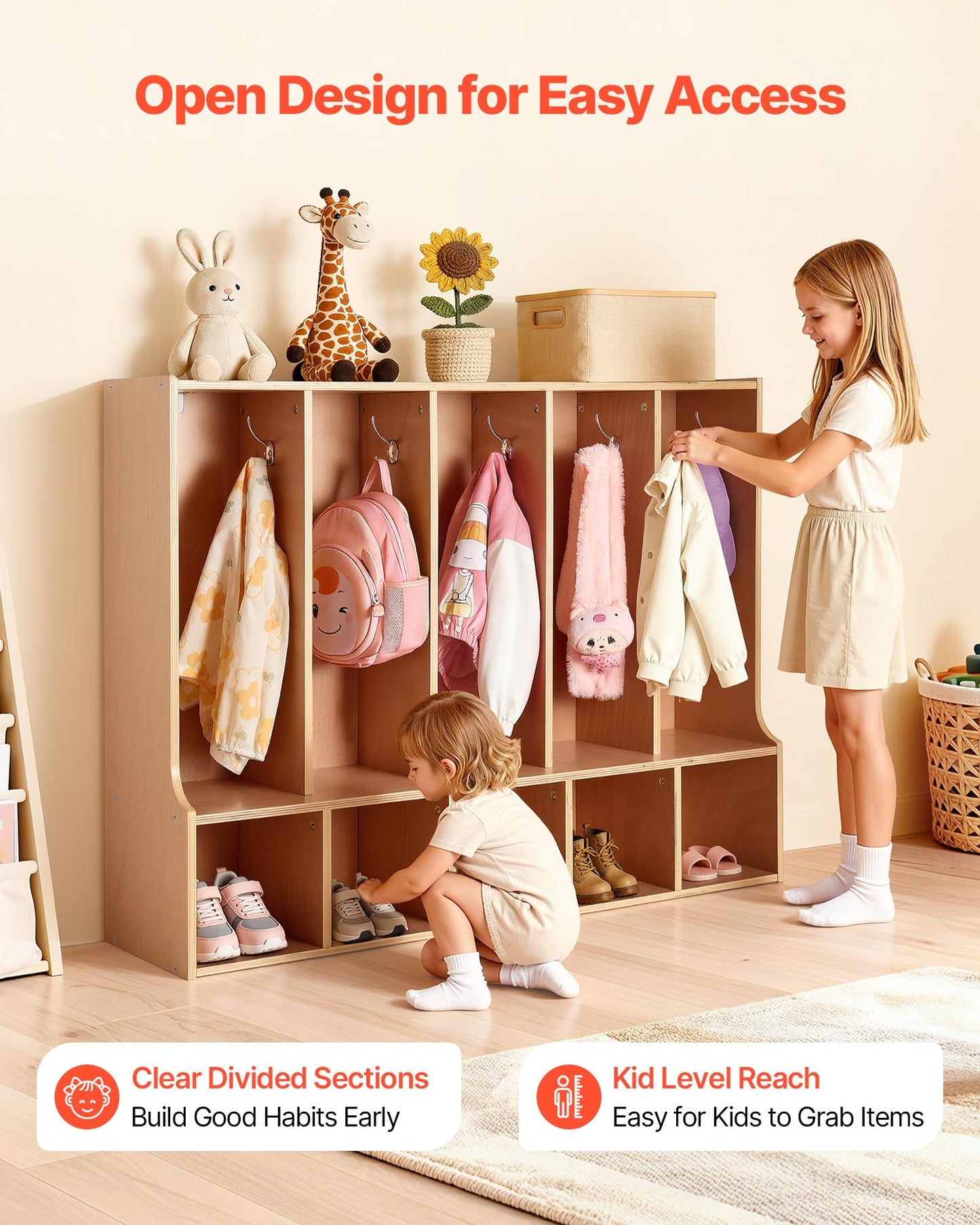 VEVOR 5-Section Coat Locker with Bench, Kids Lockers with 10 Hooks & Non-Slip Mat, Classroom Cubbies for Daycare, Home, Kindergarten- Natural